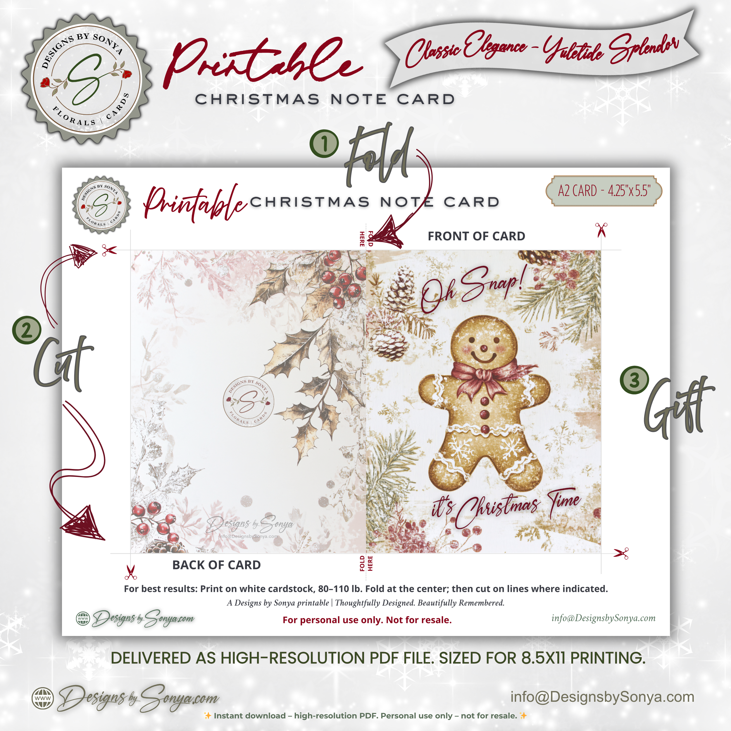 Gingerbread Christmas Printable Card • A2 (4.25" x 5.5") Folded Holiday Greeting Note Card • Oh Snap Design • Christmas Stationery