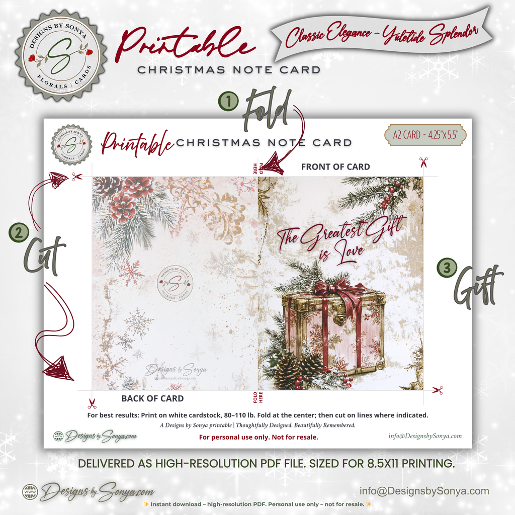 The "Greatest Gift Is Love" Card | Vintage Christmas Printable | Elegant Holiday Note Card | A2 (4.25x5.5) Folded Card | Digital Download