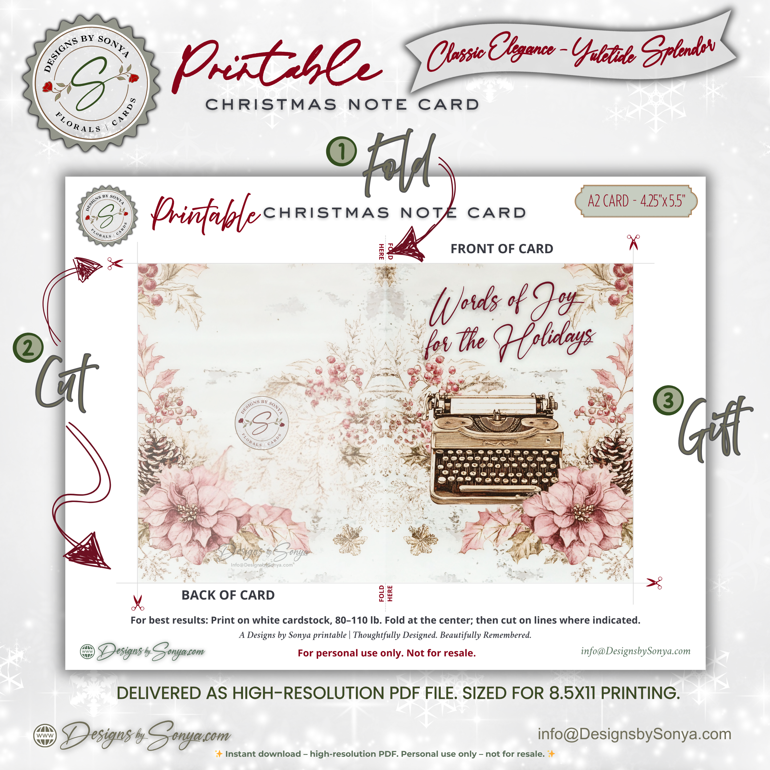 Printable Christmas Card • Vintage Typewriter Holiday Note Card • A2 (4.25" x 5.5") Floral Winter Design • Words of Joy Greeting