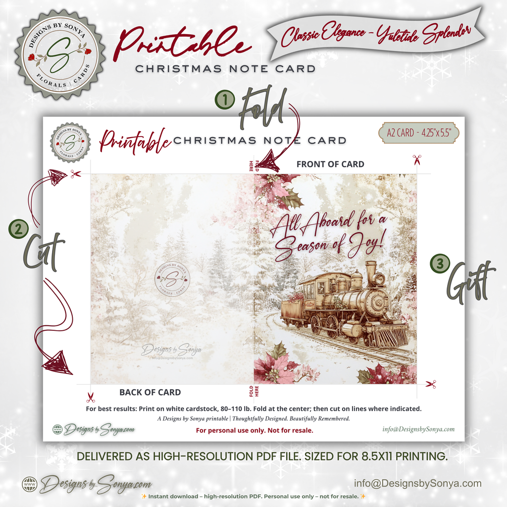 Vintage Christmas Train Printable Card • A2 (4.25" x 5.5") Folded Holiday Greeting Note Card • Railway Steam Engine Art • Winter Stationery