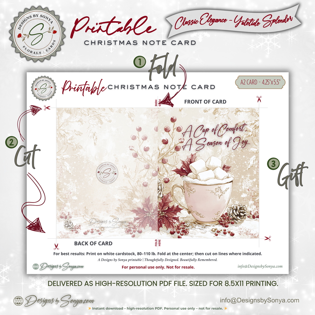 Vintage Hot Cocoa Christmas Printable Card • A2 (4.25" x 5.5") Folded Holiday Greeting Note Card • Winter Mug Art • Christmas Stationery