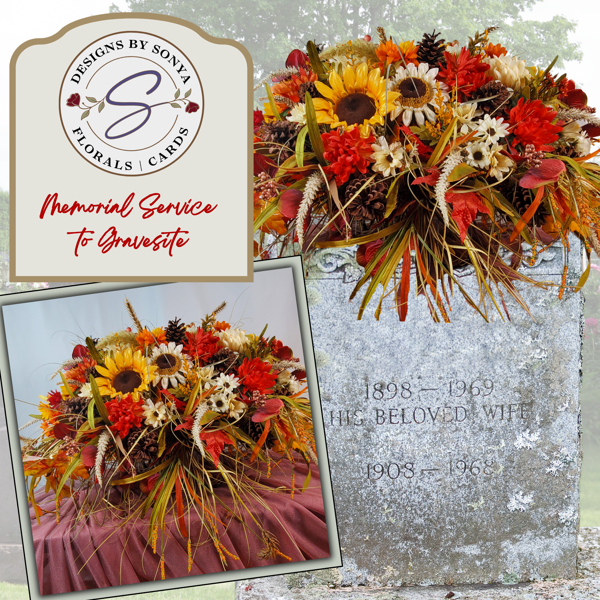 Autumn Sunflower & Rustic Red Headstone Saddle
Handcrafted fall-themed headstone saddle arrangement with sunflowers, deep red florals, pinecones, and seasonal greenery. Designed to add warm seasonal beauty and honor a loved one at the gravesite.