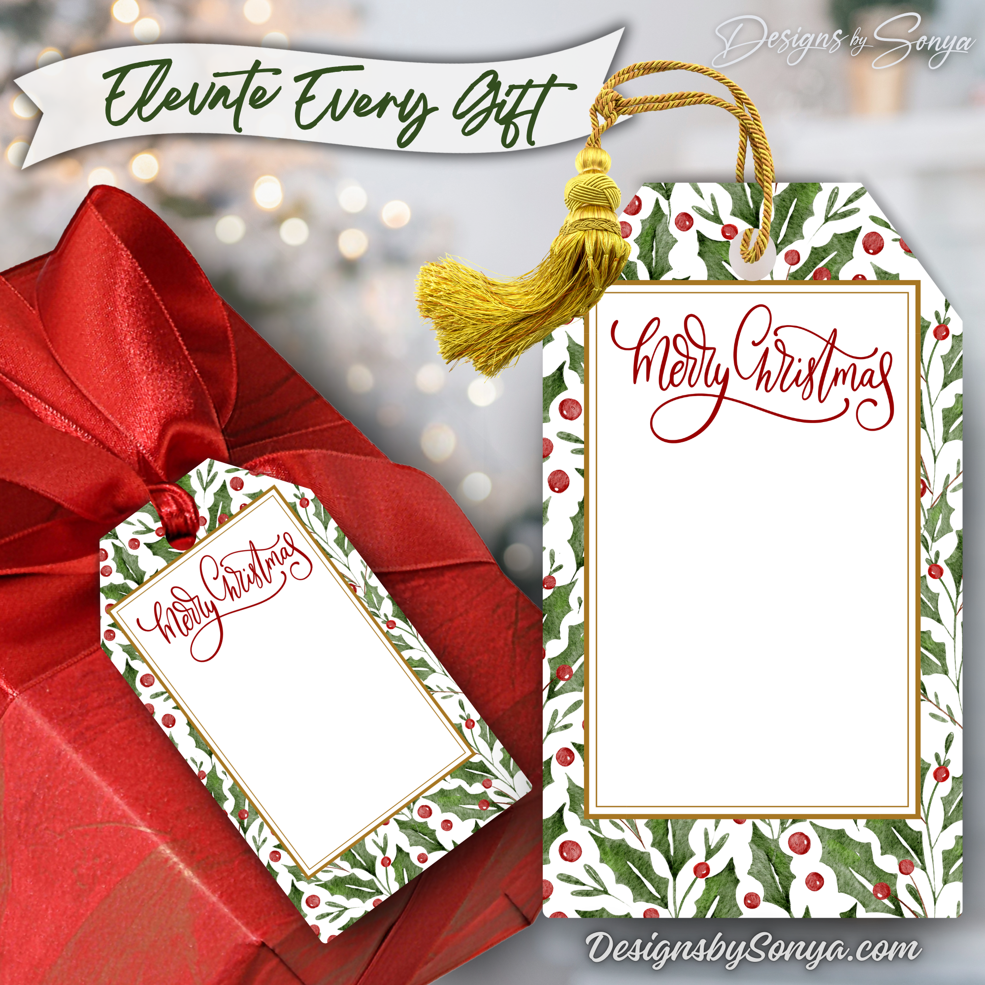 Holiday Tags on Red Gift Box
Printable Christmas tags displayed on red and white gifts. Holly and berry border design makes wrapping look polished and festive instantly.