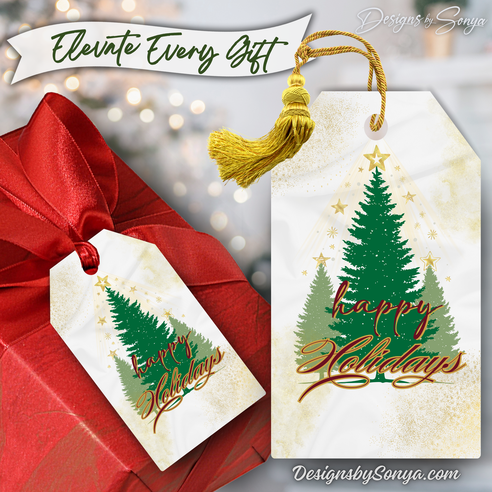 Red Package Gift Tag
Happy Holidays printable tag with green tree design shown on a red package. Banner reads “Elevate Every Gift,” highlighting festive and easy holiday wrapping.