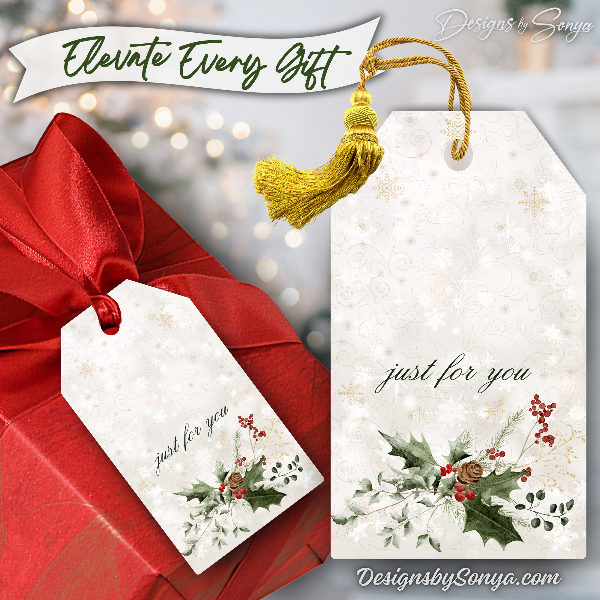 Elegant Holly Gift Tag on Red Package
Digital Christmas tag with holly and berries, “Just for You” text, shown on a red wrapped present with gold tassel accent.