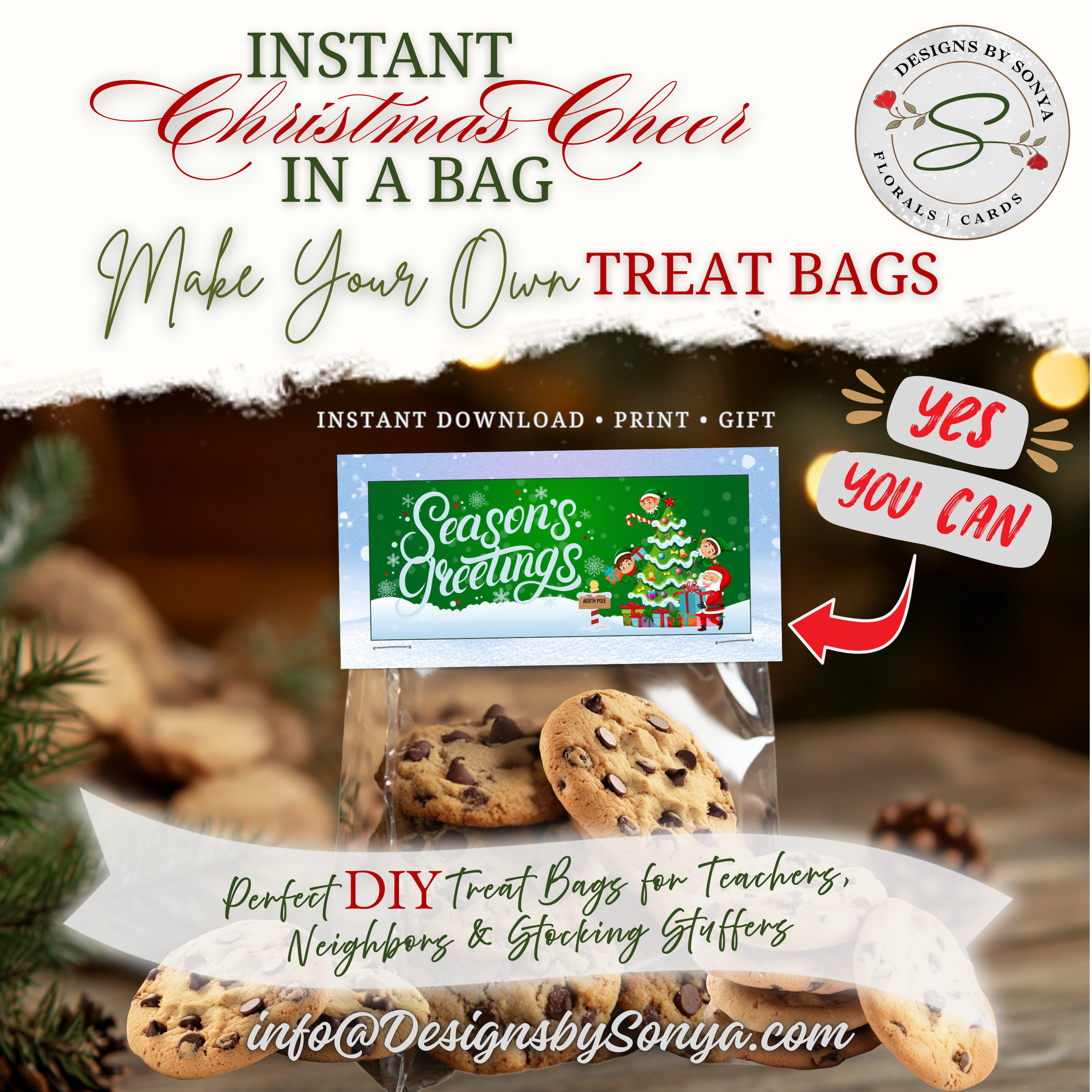 Cookie Treat Bag Topper
Printable Christmas topper shown folded over a clear bag of chocolate chip cookies, perfect for holiday classroom, teacher, or neighbor gift ideas.