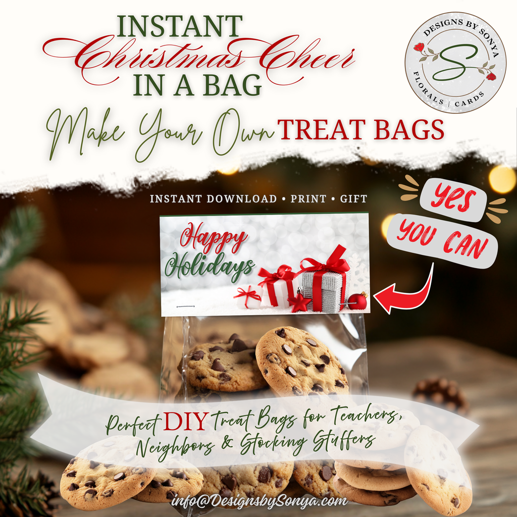 DIY Cookie Gift Bags
Cookies in resealable bag topped with printable “Happy Holidays” design; styled with holiday lights and “Yes You Can” DIY message; great for stocking stuffers and teacher gifts.