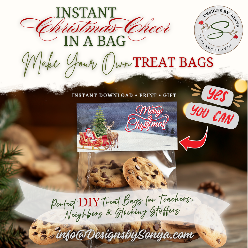 DIY Christmas Cookie Treat Bag Topper
Printable bag topper holding homemade chocolate chip cookies. Features festive design with Santa sleigh artwork and message promoting DIY holiday favors.