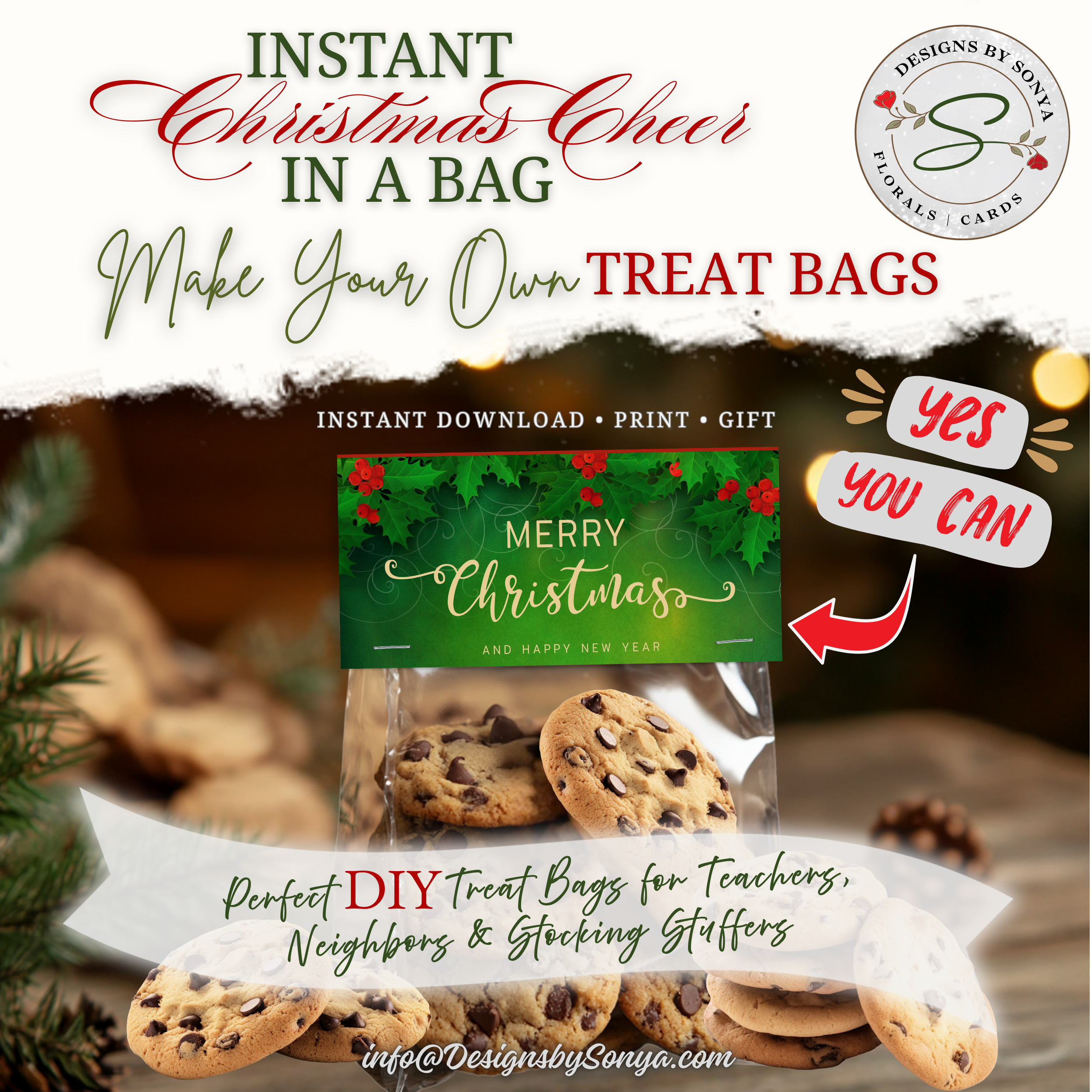 DIY Cookie Gift Bags
Lifestyle photo with cookies packaged using green holly topper; styled for DIY gifting; “Yes You Can” callout; perfect for teachers, neighbors, and stocking stuffers.