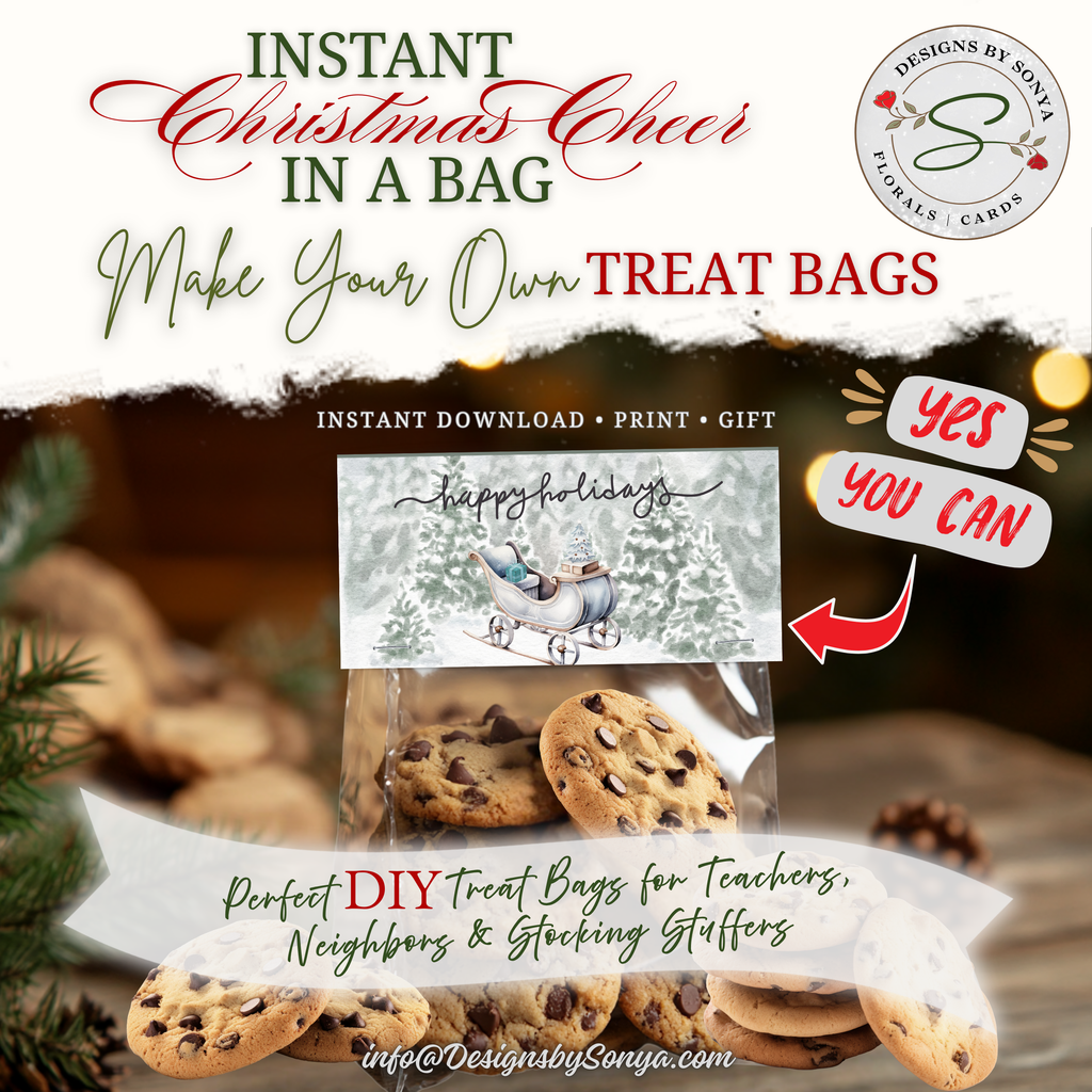 DIY Cookie Gift Bags
Cookies packaged with snowy sleigh topper in a holiday scene; styled text highlights ease of making DIY favors for gifts.