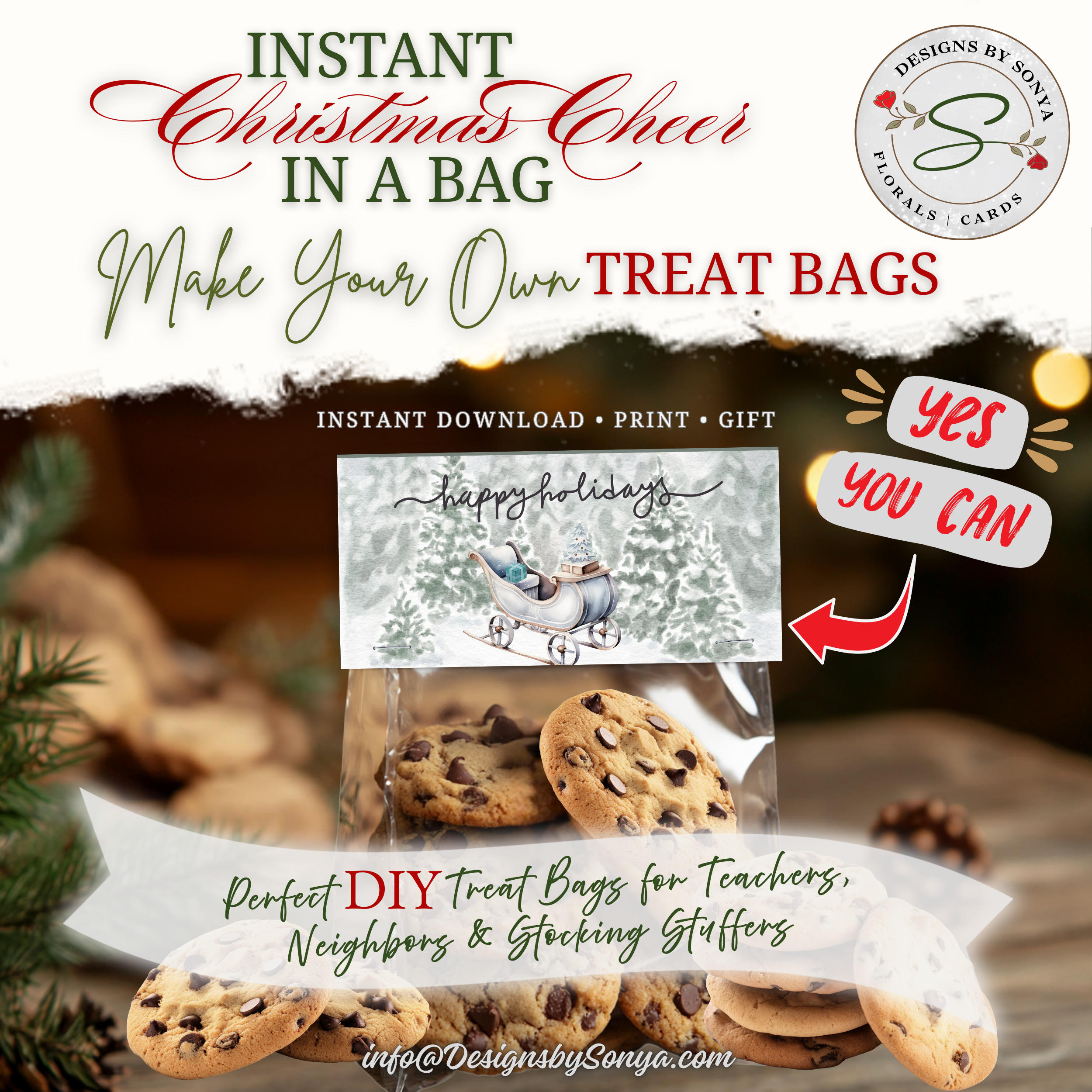 DIY Cookie Gift Bags
Cookies packaged with snowy sleigh topper in a holiday scene; styled text highlights ease of making DIY favors for gifts.