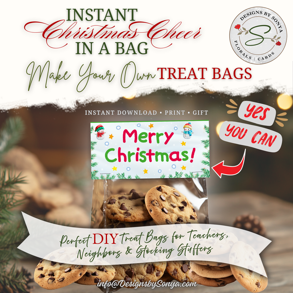 DIY Cookies Gift Idea
Lifestyle image showing cookies bagged with the Merry Christmas topper; headline about instant Christmas cheer and DIY treat bags; perfect for teachers, neighbors, parties, and holiday gifting.