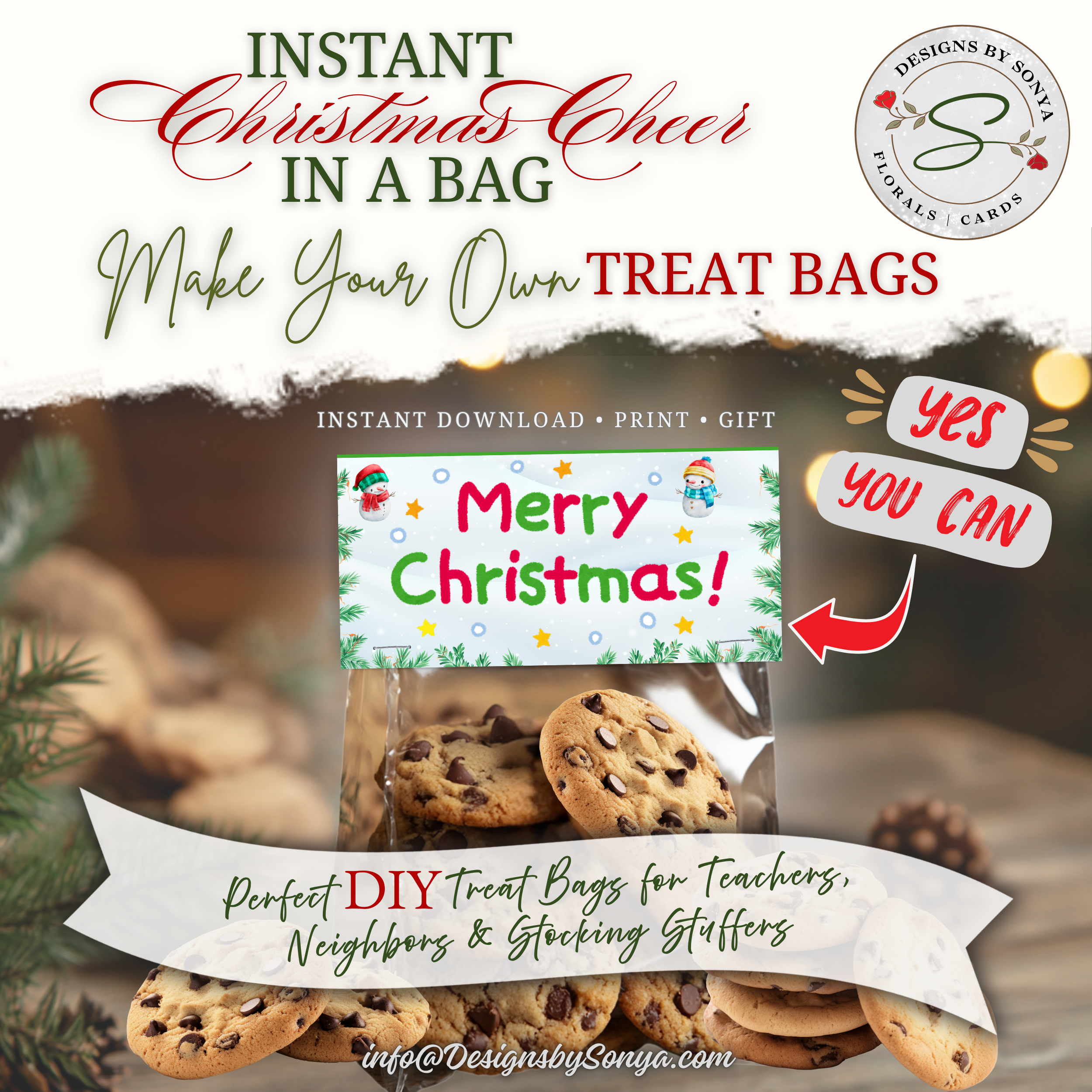 DIY Cookies Gift Idea
Lifestyle image showing cookies bagged with the Merry Christmas topper; headline about instant Christmas cheer and DIY treat bags; perfect for teachers, neighbors, parties, and holiday gifting.