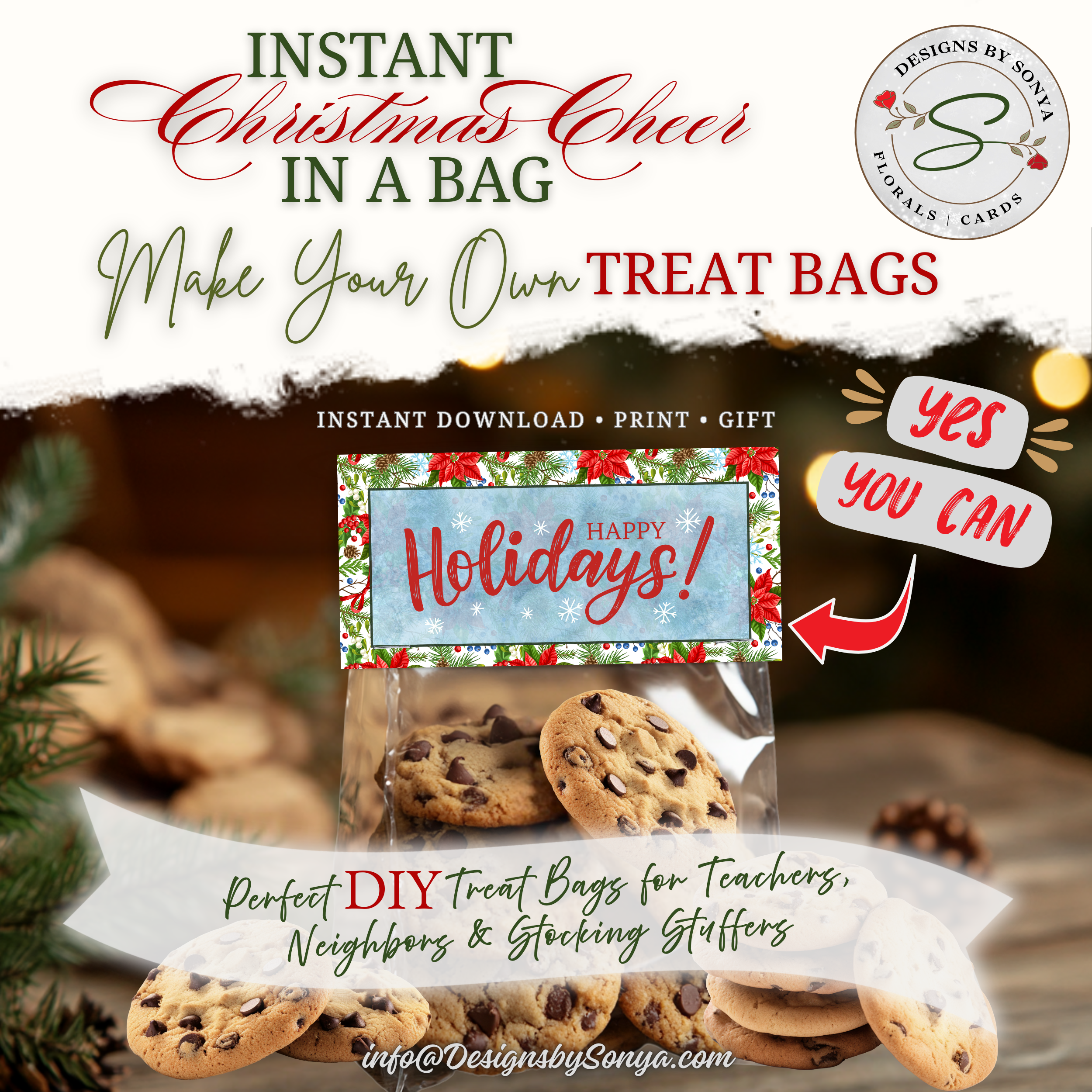 DIY Cookie Gift Bags
Lifestyle image featuring cookies in resealable bags with “Happy Holidays!” topper; styled with holiday décor; DIY favor idea for teachers and neighbors.