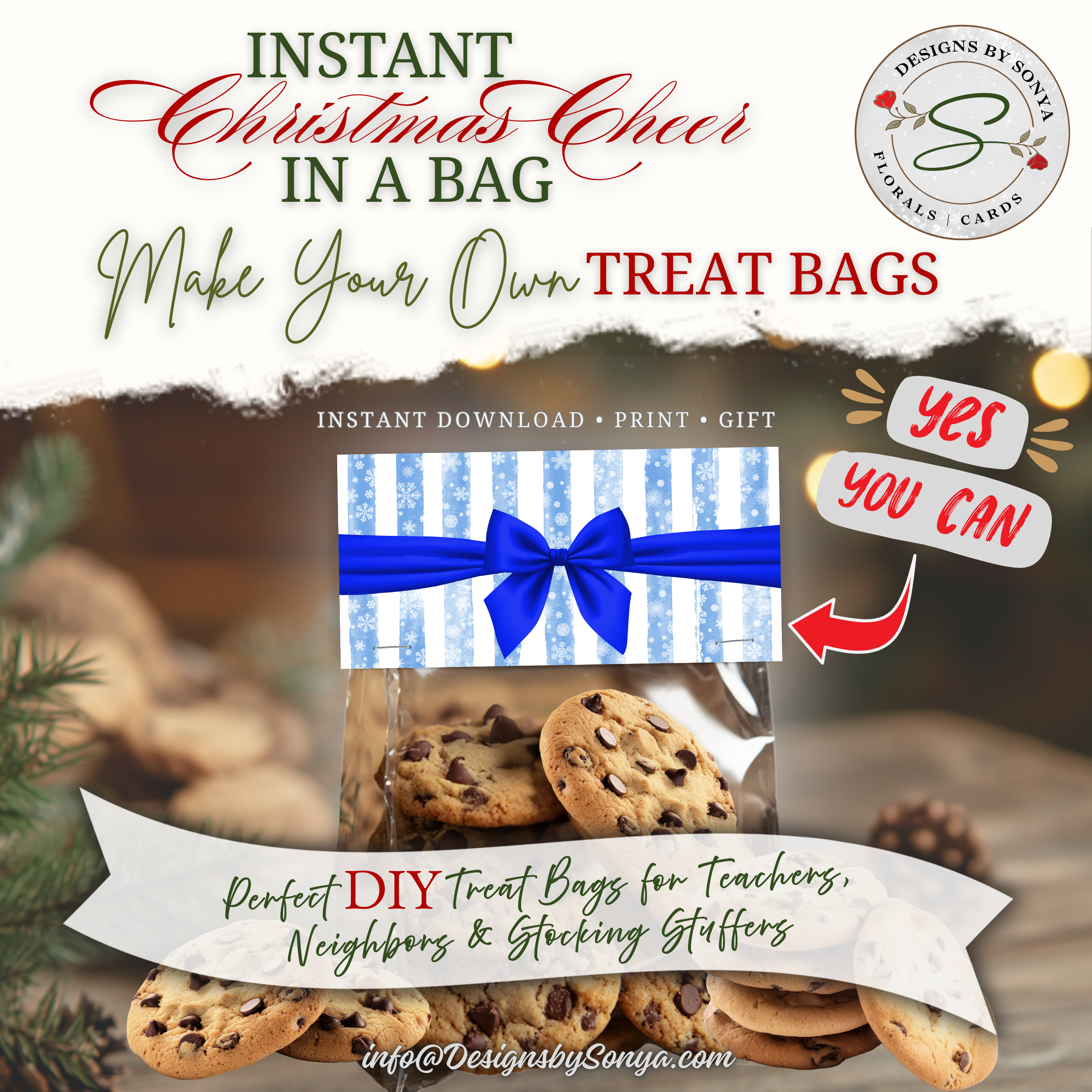 DIY Christmas Cookie Treat Bag Topper
Topper styled with chocolate chip cookies; perfect for stocking stuffers, coworker treats, or bake-sale favors; easy cut, fold, staple assembly.