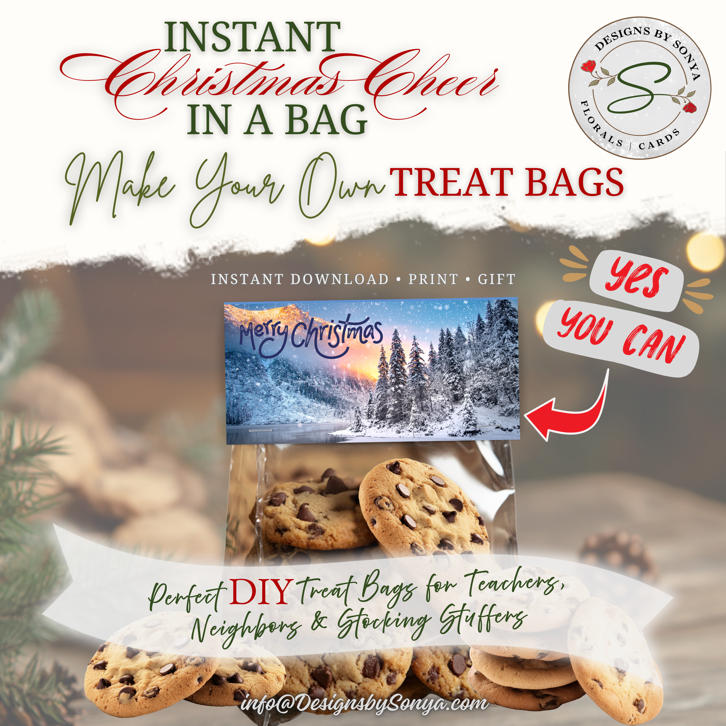 DIY Cookie Gift Bags
Cookies packaged with forest sunset topper; styled mockup promoting DIY holiday favors for teachers and neighbors.