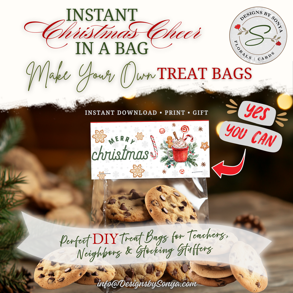 DIY Cookie Gift Bags
Cookies packaged with cocoa-themed topper; styled holiday photo with DIY messaging; ideal for teachers, coworkers, and stocking stuffers.