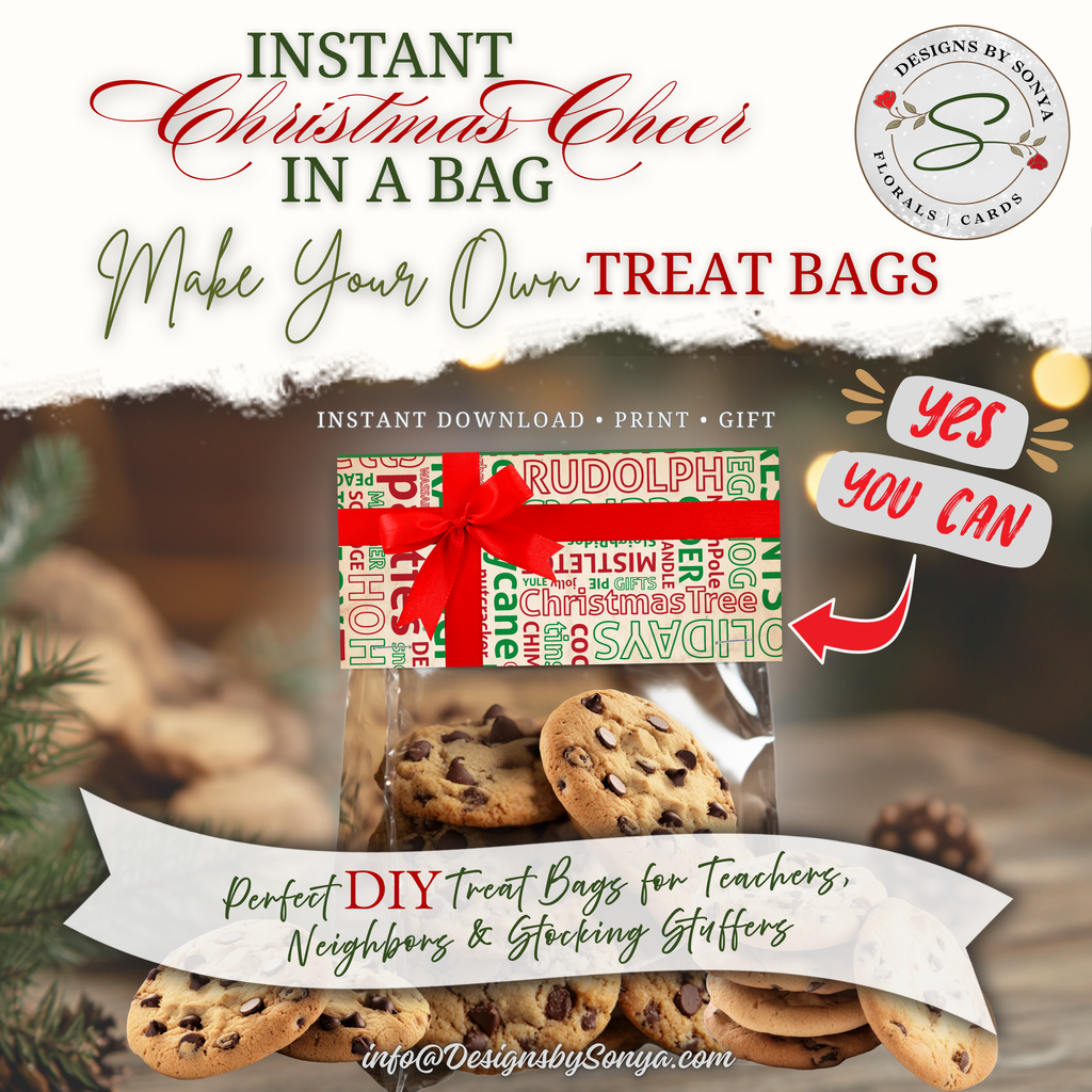 Lifestyle Cookie Display
Holiday topper styled with cookies in a treat bag, demonstrating how easy and festive this printable is for teachers, neighbors, and stocking stuffers.