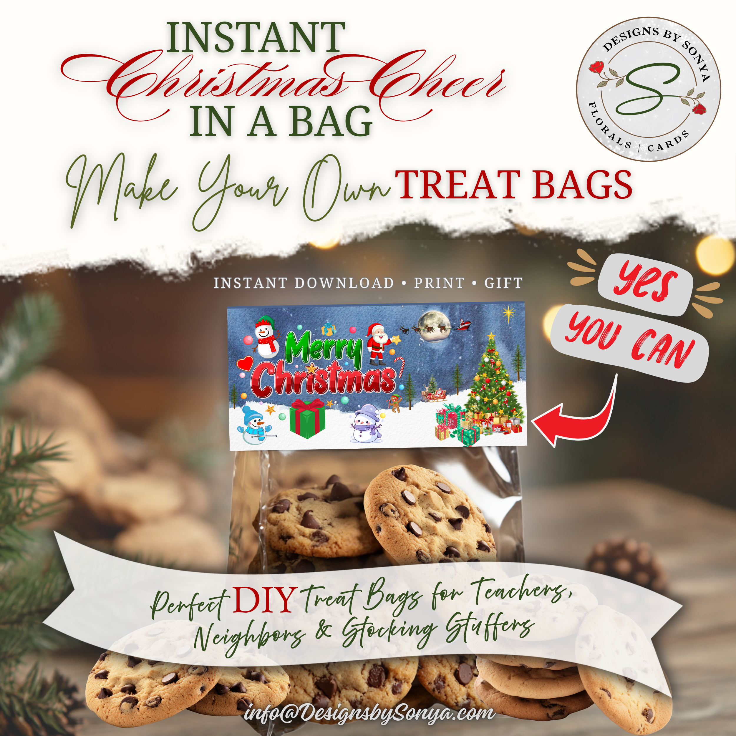 DIY Cookies Gift Idea
Lifestyle image showing cookies bagged with the Merry Christmas topper; headline about instant Christmas cheer and DIY treat bags; perfect for teachers, neighbors, parties, and holiday gifting.