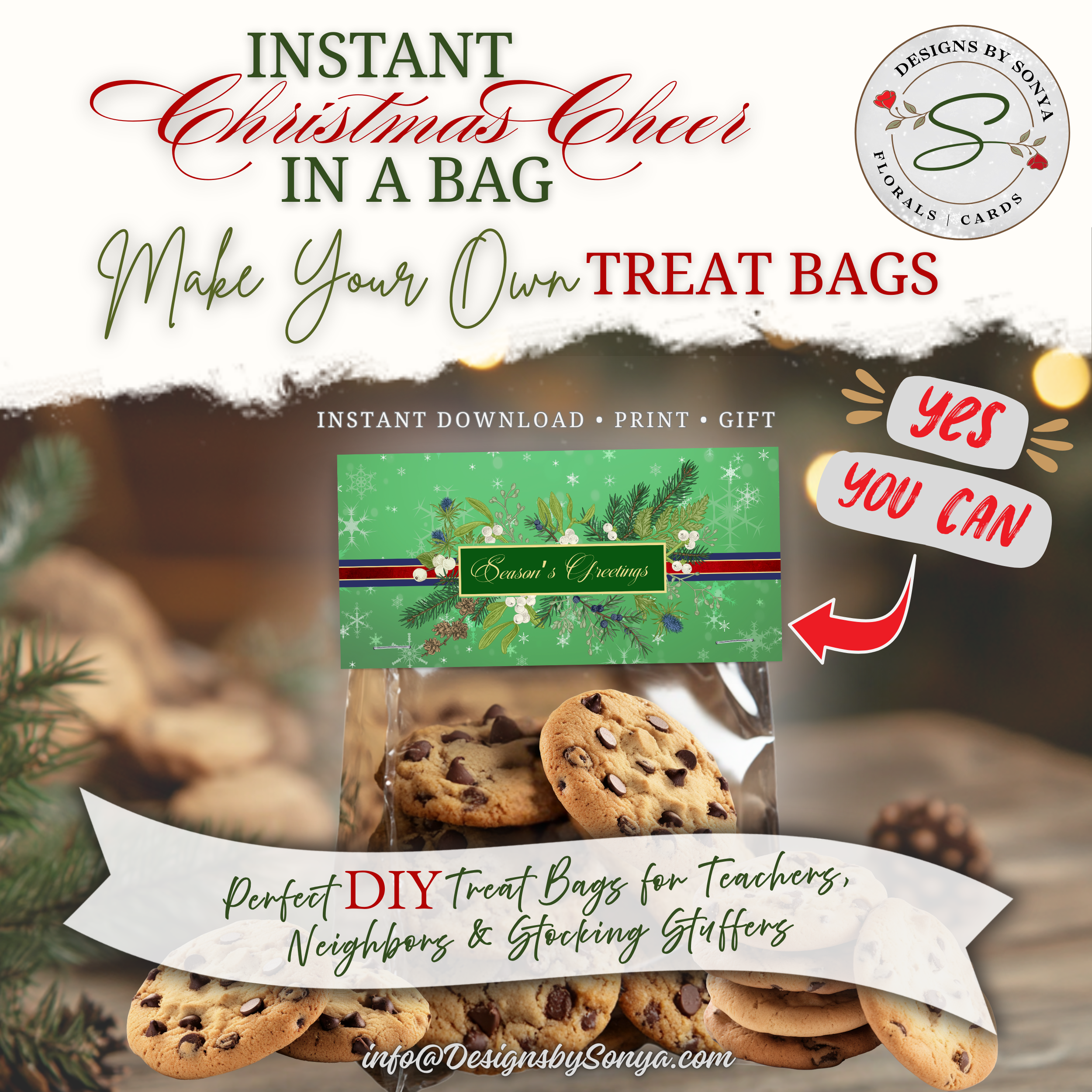 DIY Cookie Treat Bag Topper
Topper shown on a cookie bag to illustrate classroom, coworker, and neighbor gifts; ideal for stocking stuffers and holiday party favors.