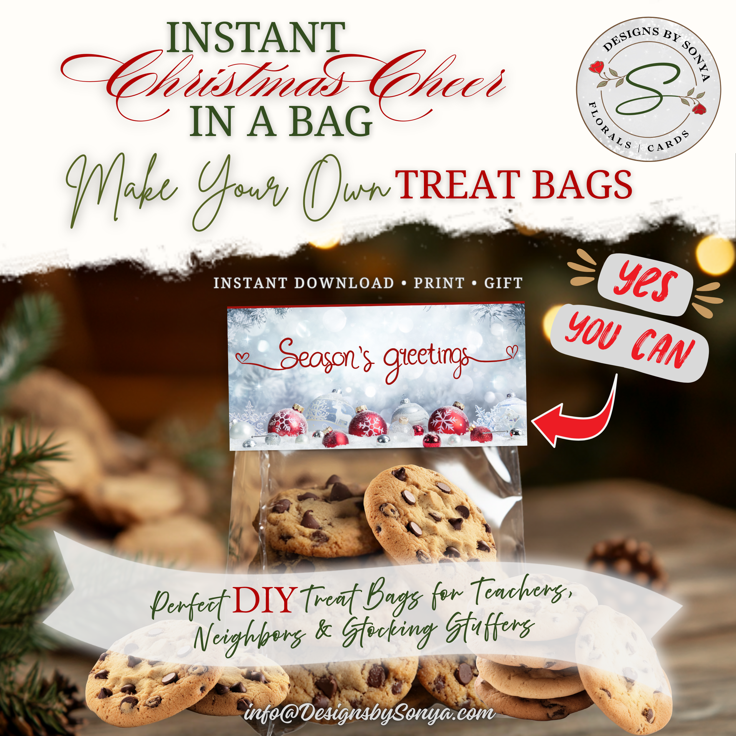 DIY Cookie Gift Bags
Cookies packaged with printable topper; styled photo highlights topper use for teachers, neighbors, or stocking stuffers with DIY holiday callouts.
