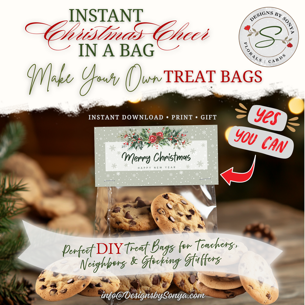DIY Cookie Gift Bags
Lifestyle setup with cookies packaged under rustic gray floral topper; styled with holiday décor and callouts for DIY gifting; perfect for teachers and neighbors.