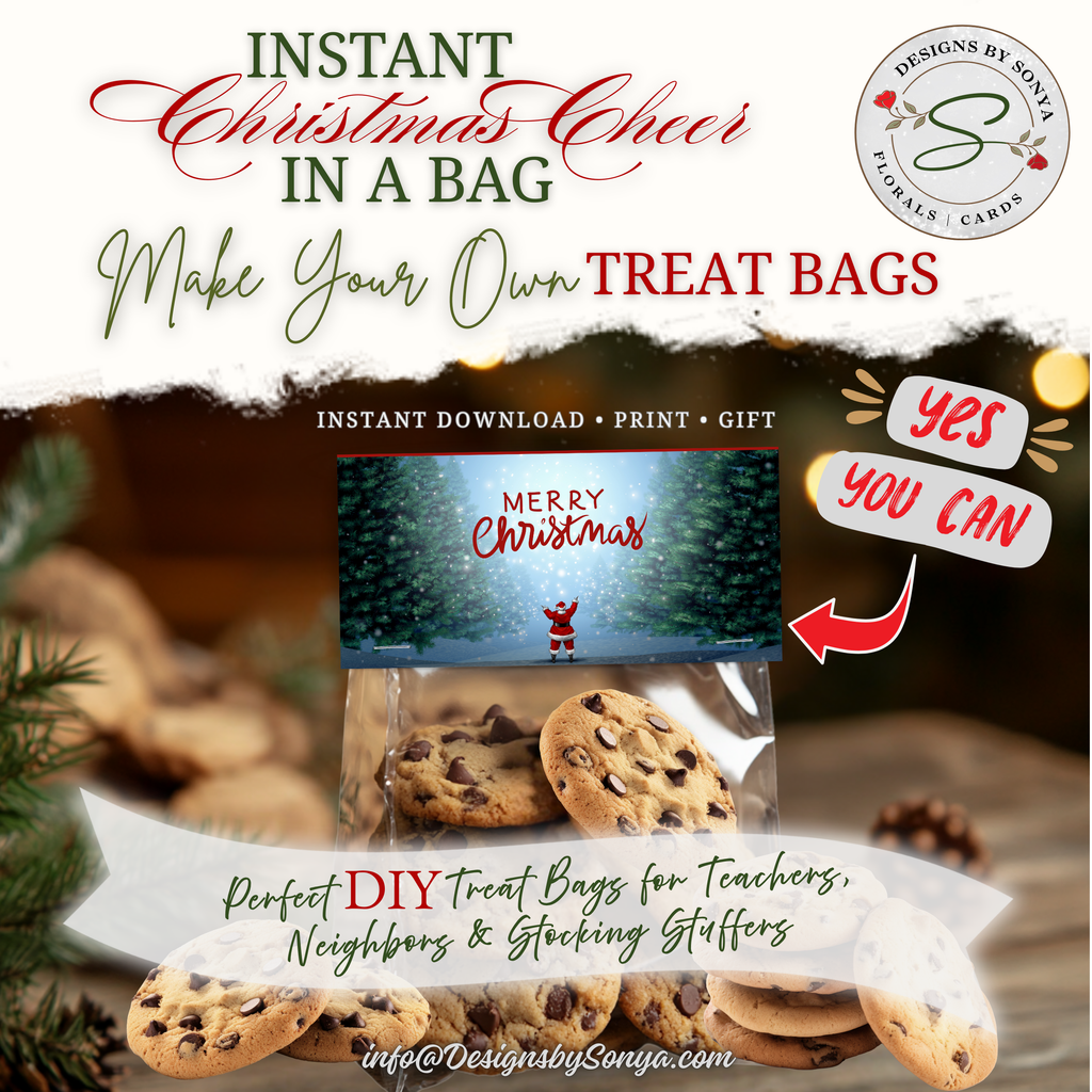 DIY Christmas Cookie Treat Bag Topper
Printable bag topper holding homemade chocolate chip cookies. Features festive design with Santa sleigh artwork and message promoting DIY holiday favors.