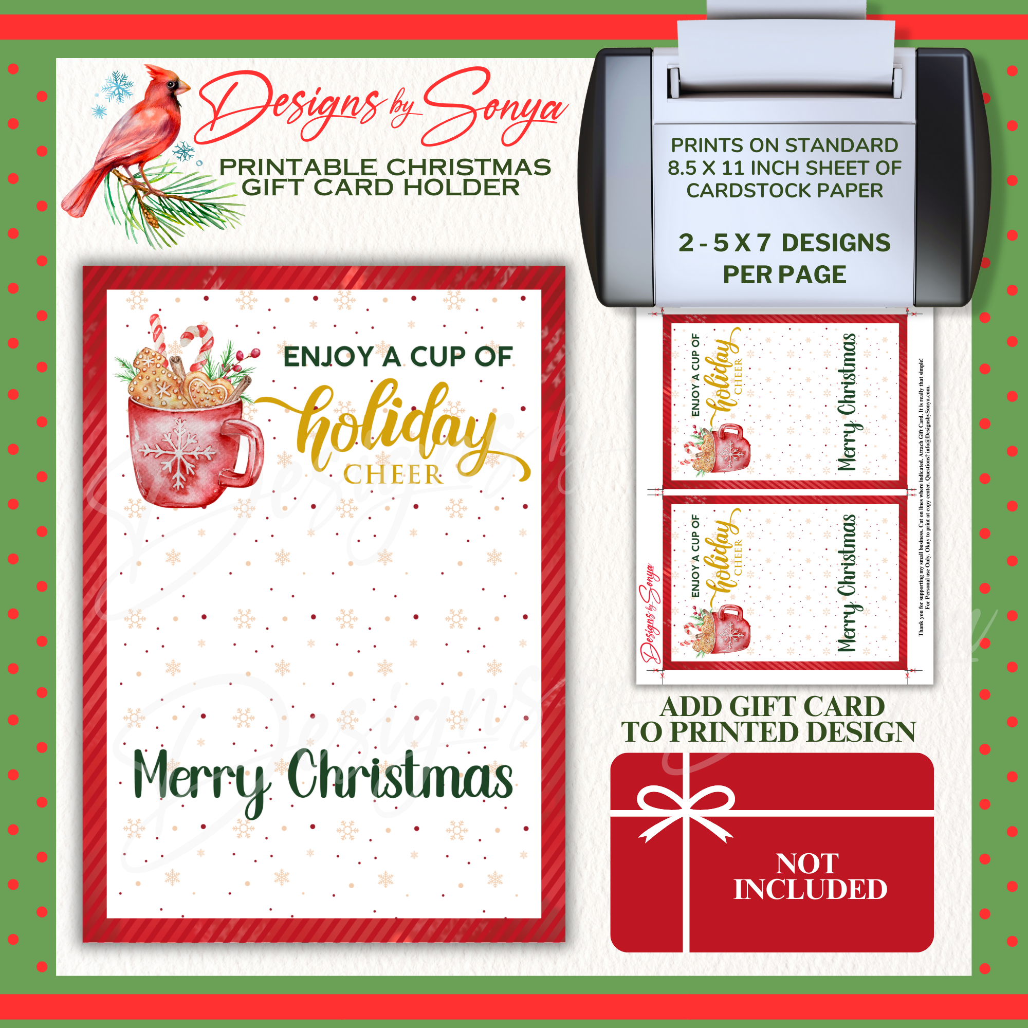 Two Per Page Layout

PDF preview showing two 5x7 Holiday Cheer gift card holders per 8.5x11 sheet with cut lines. Red mug illustration and “Merry Christmas” greeting. Affordable DIY Christmas gift presentation.