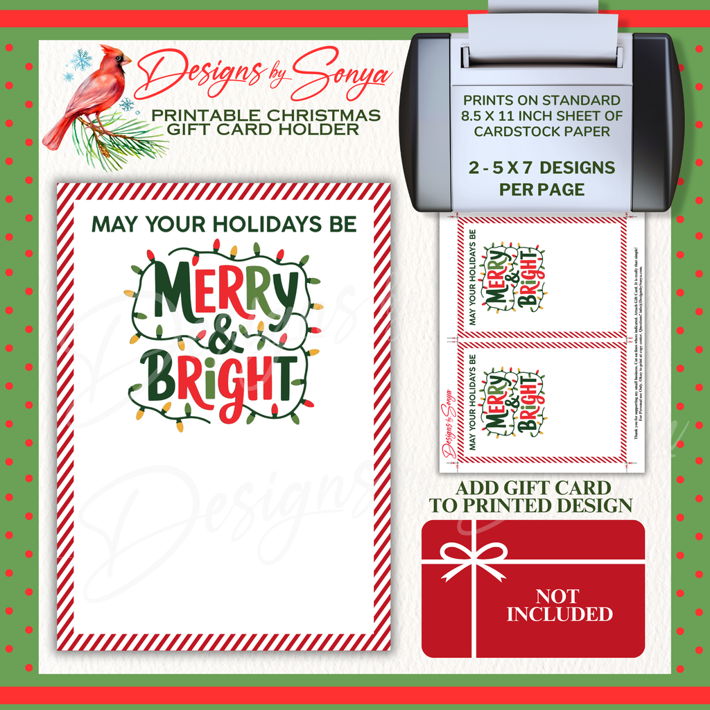 DIY Printable Holiday Gift Card Holder
Printable Merry & Bright Christmas gift card holder with two 5x7 designs per page. Print at home on standard cardstock.