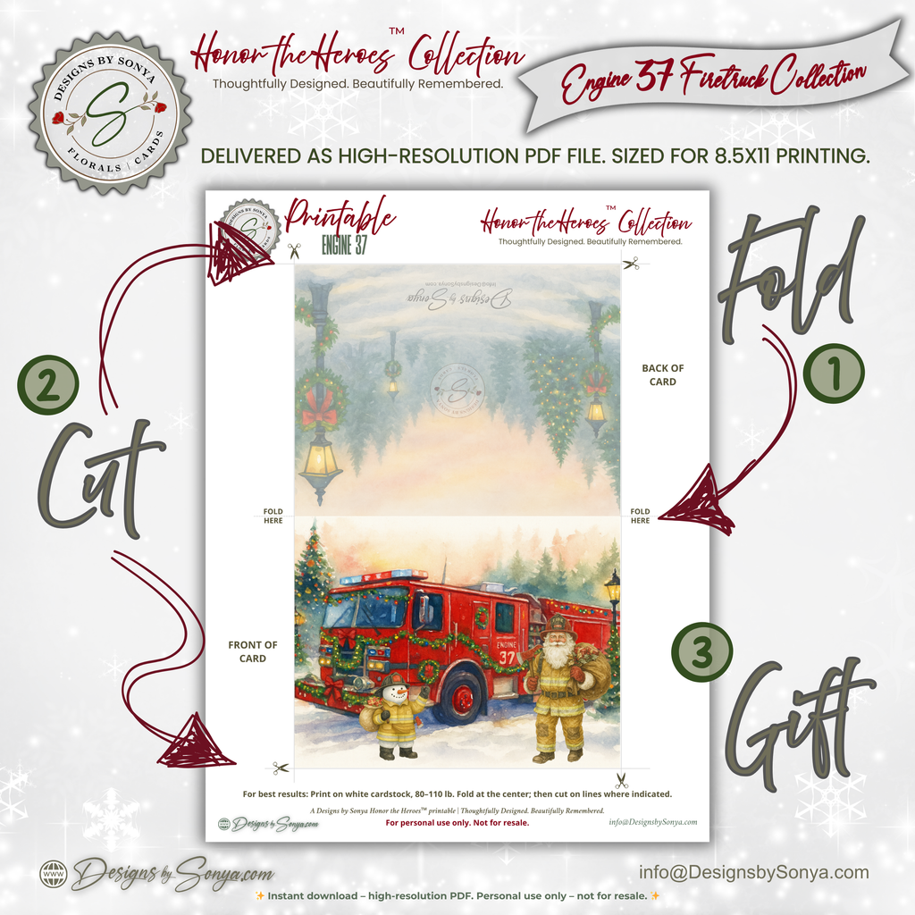 Engine 37 Firetruck Christmas Card Printable | A2 Holiday Card | Honor the Heroes Collection | Firefighter Santa Greeting Card | Envelope Liner