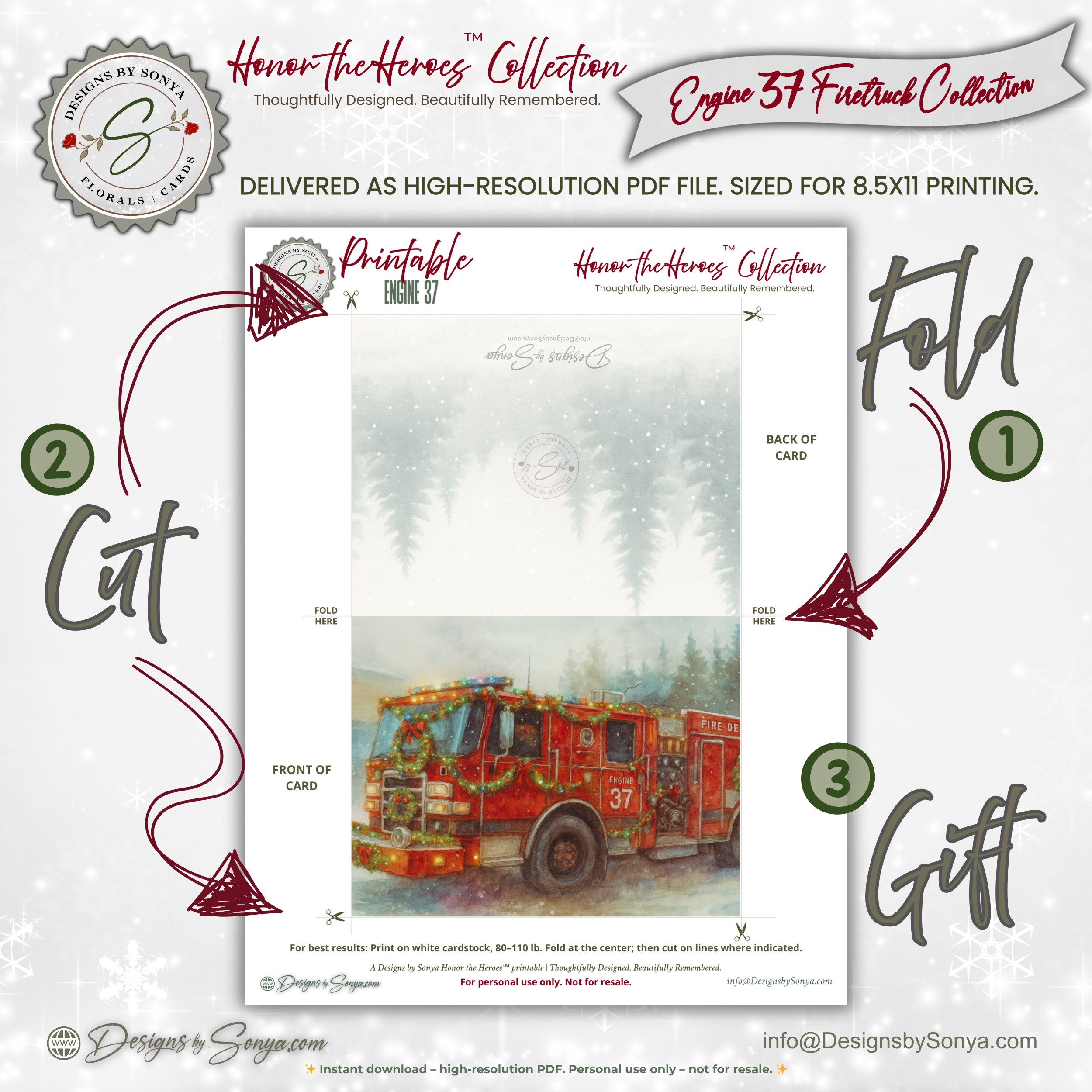 Engine 37 Snowy Firetruck Christmas Card Printable | A2 Holiday Card | Honor the Heroes Collection | Firefighter Greeting Card