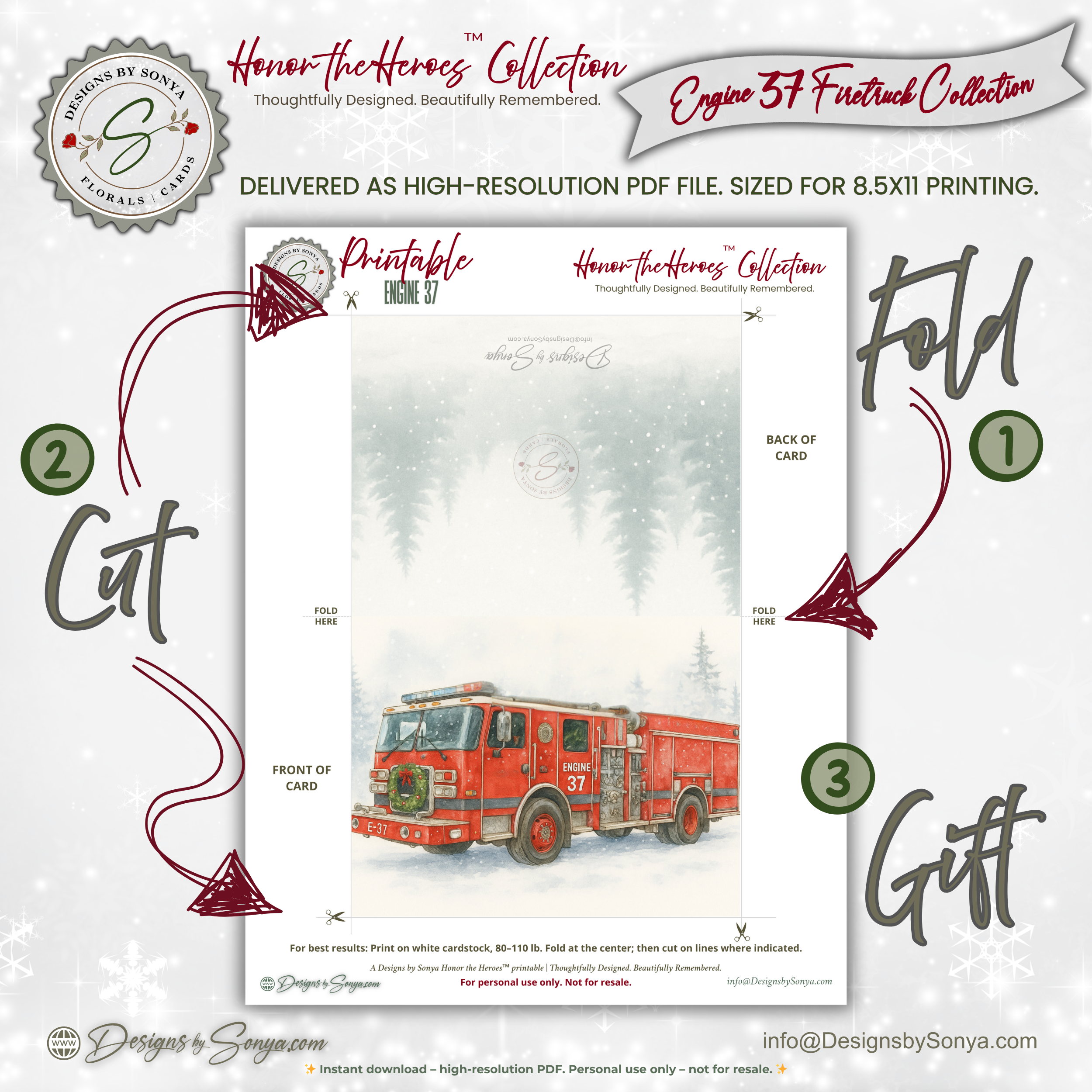 Printable Firetruck Christmas Card • Engine 37 Watercolor Holiday Card • Honor the Heroes • A2 (5.5"x4.25") Folded Greeting Card