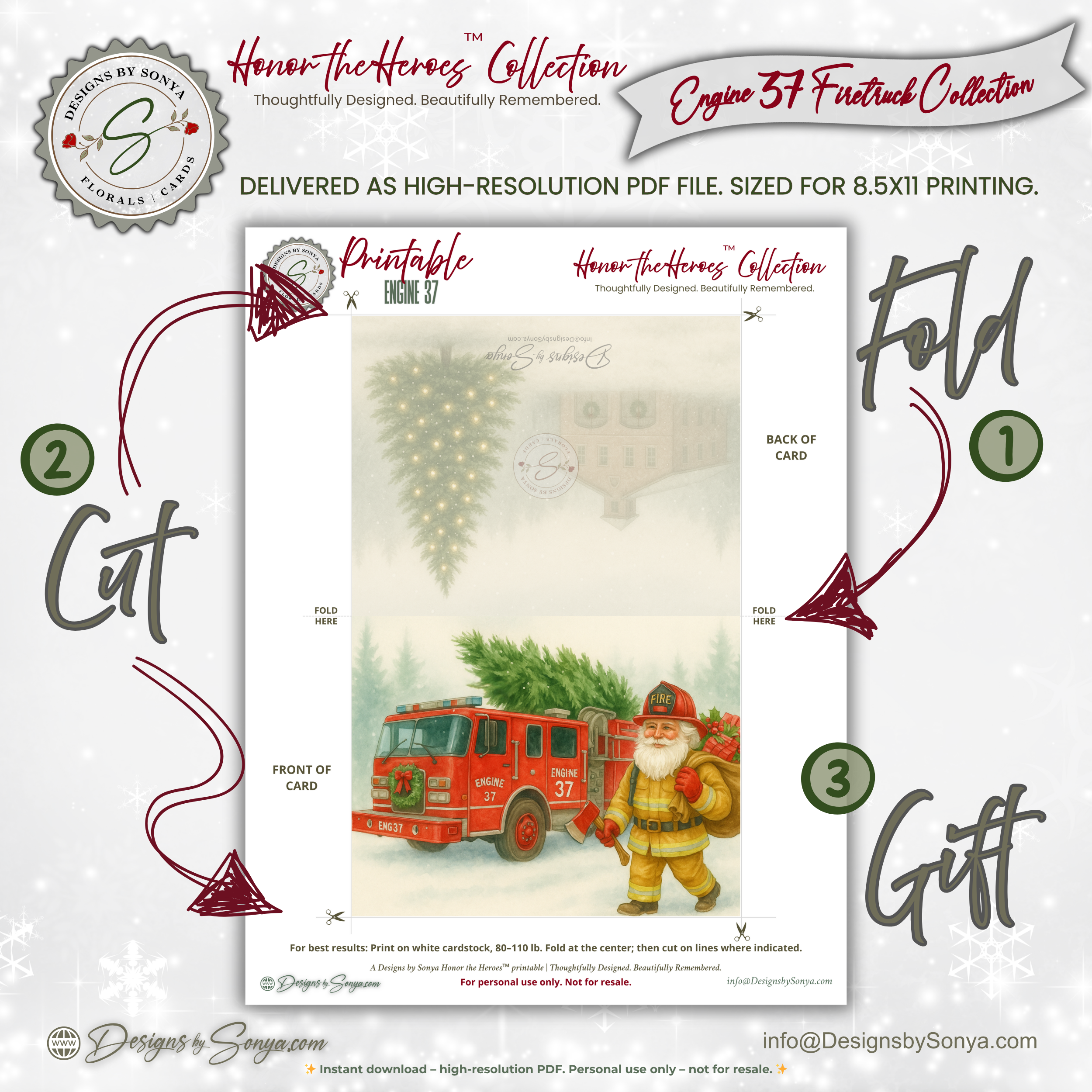 Engine 37 Printable Firetruck Christmas Card • Firefighter Santa with Axe Holiday Greeting • Festive Tree Scene • A2 (5.5"x4.25") • Instant Download DIY