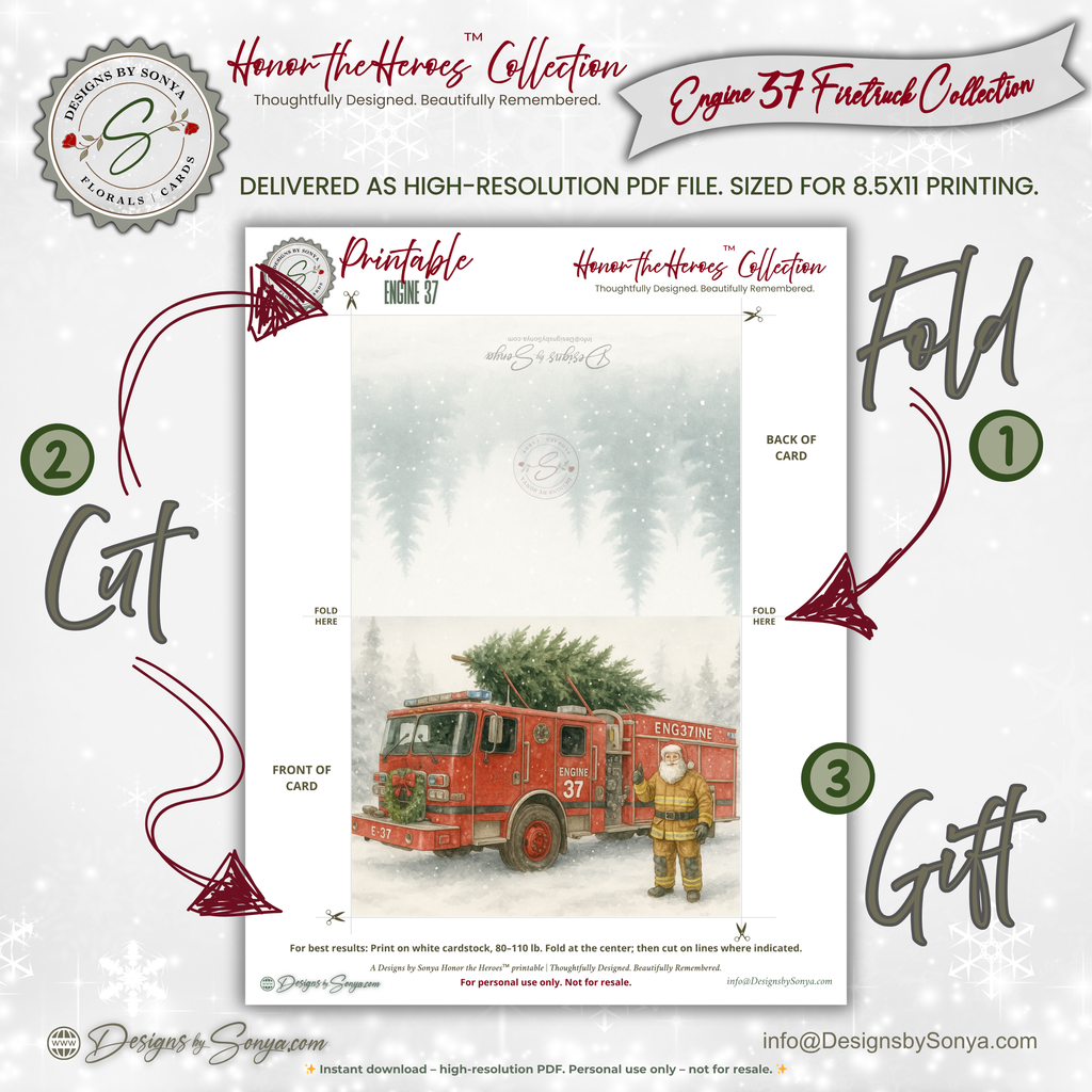 Engine 37 Firetruck Christmas Card Printable • Watercolor Firefighter Santa • Holiday Tree Delivery • Honor the Heroes Collection| A2 (5.5"x4.25") Greeting Card