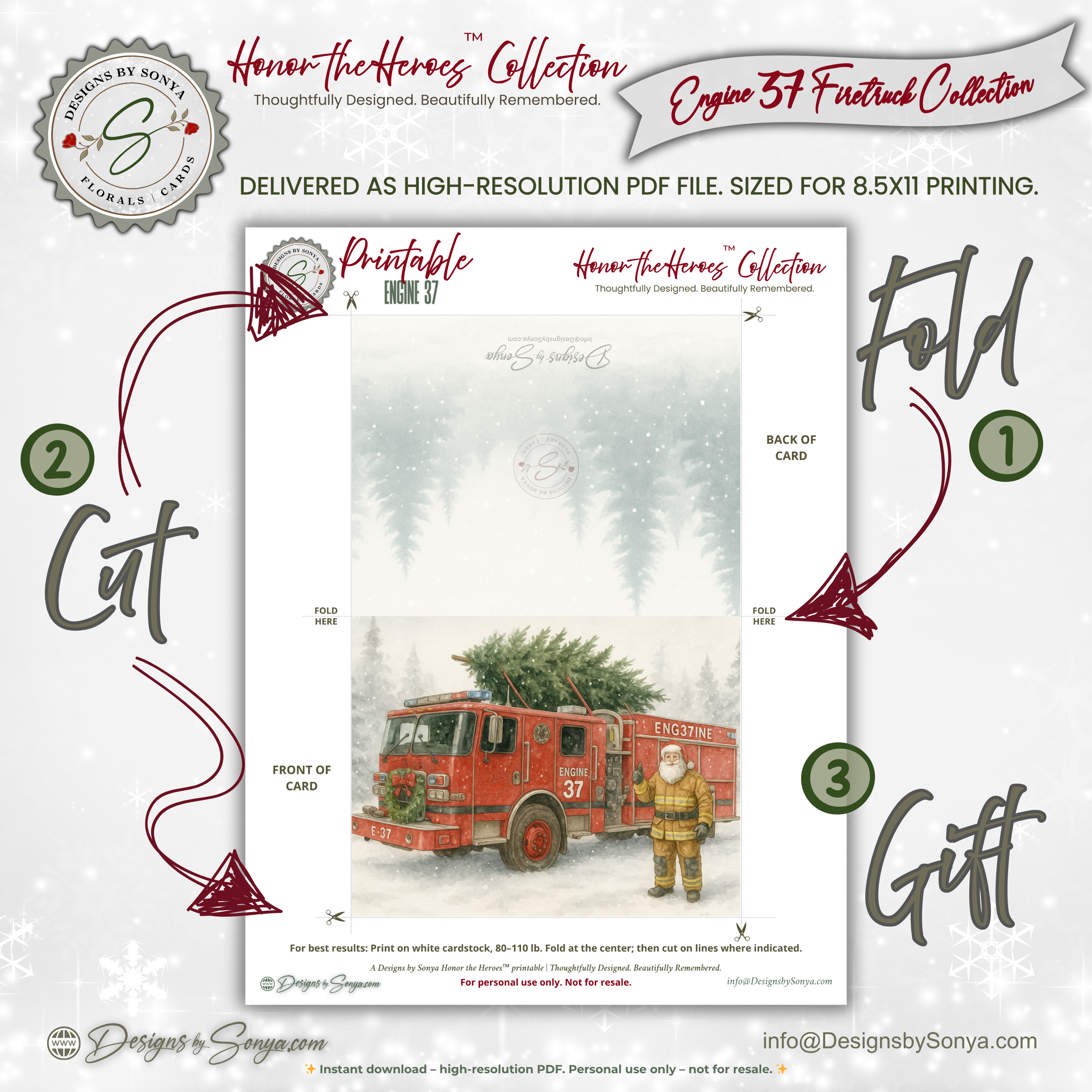 Engine 37 Firetruck Christmas Card Printable • Watercolor Firefighter Santa • Holiday Tree Delivery • Honor the Heroes Collection| A2 (5.5"x4.25") Greeting Card