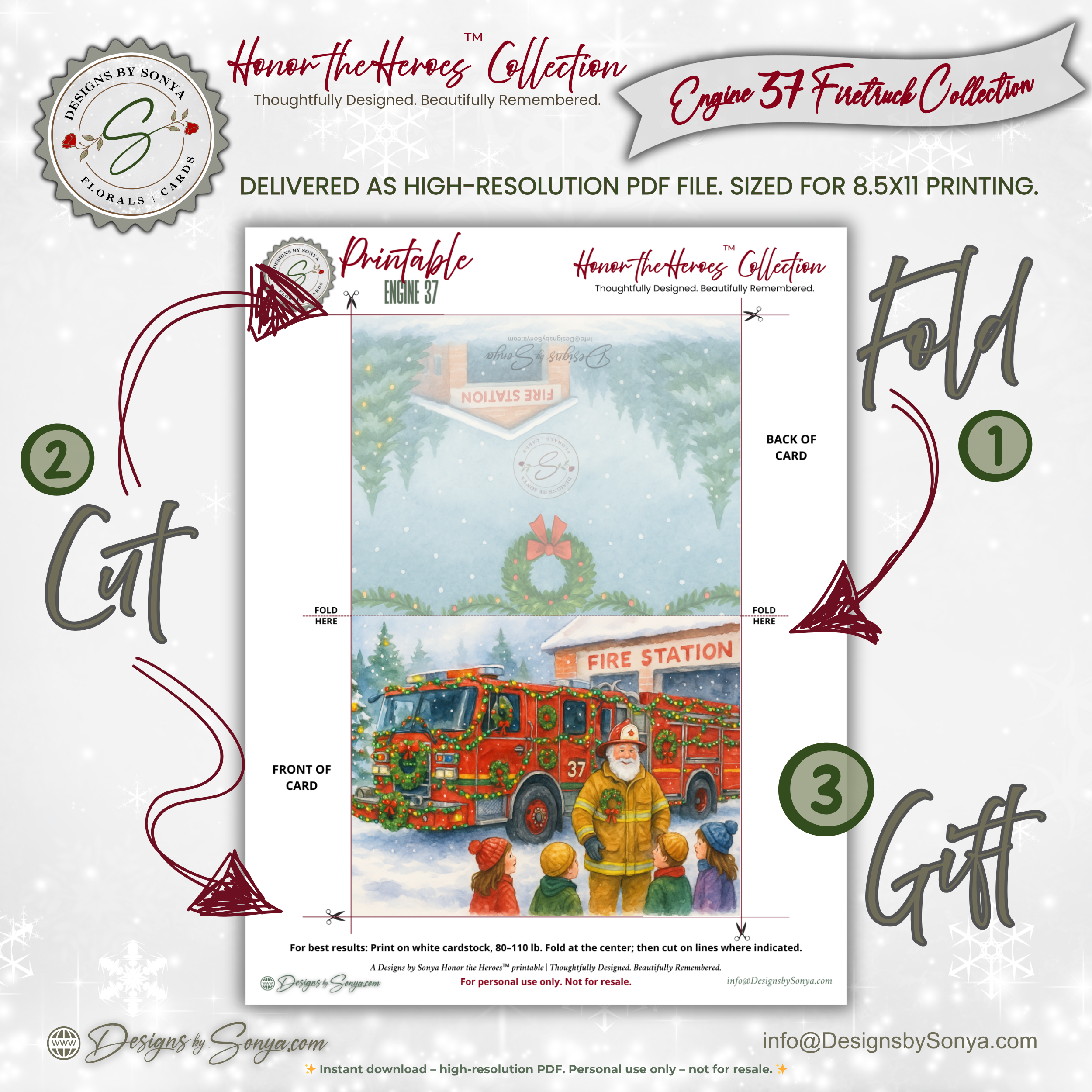 Engine 37 Firetruck Christmas Card Printable | A2 Holiday Card | Honor the Heroes Collection | Fire Station Santa Greeting Card | Envelope Liner