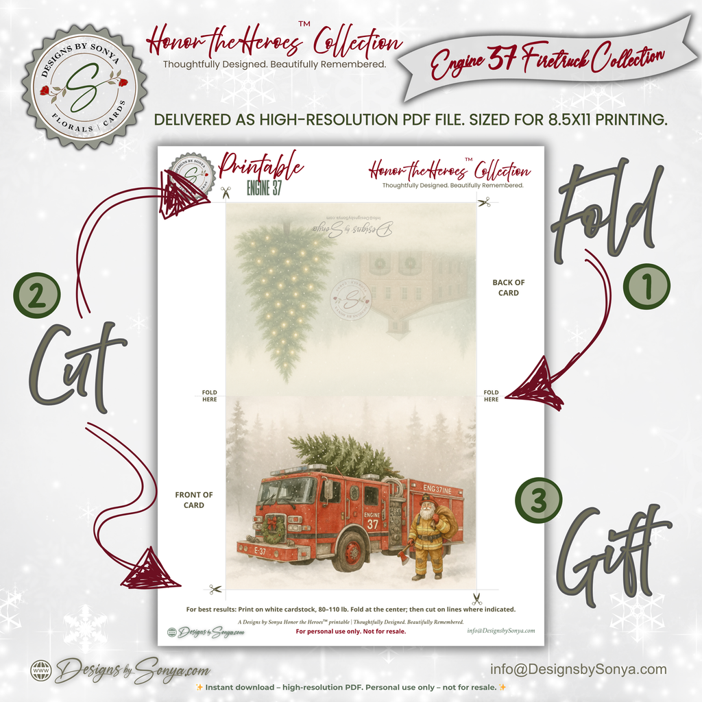 Engine 37 Firetruck Christmas Card · Santa Firefighter with Christmas Tree · Printable Holiday Card • A2 (5.5"x4.25") • Instant Download DIY