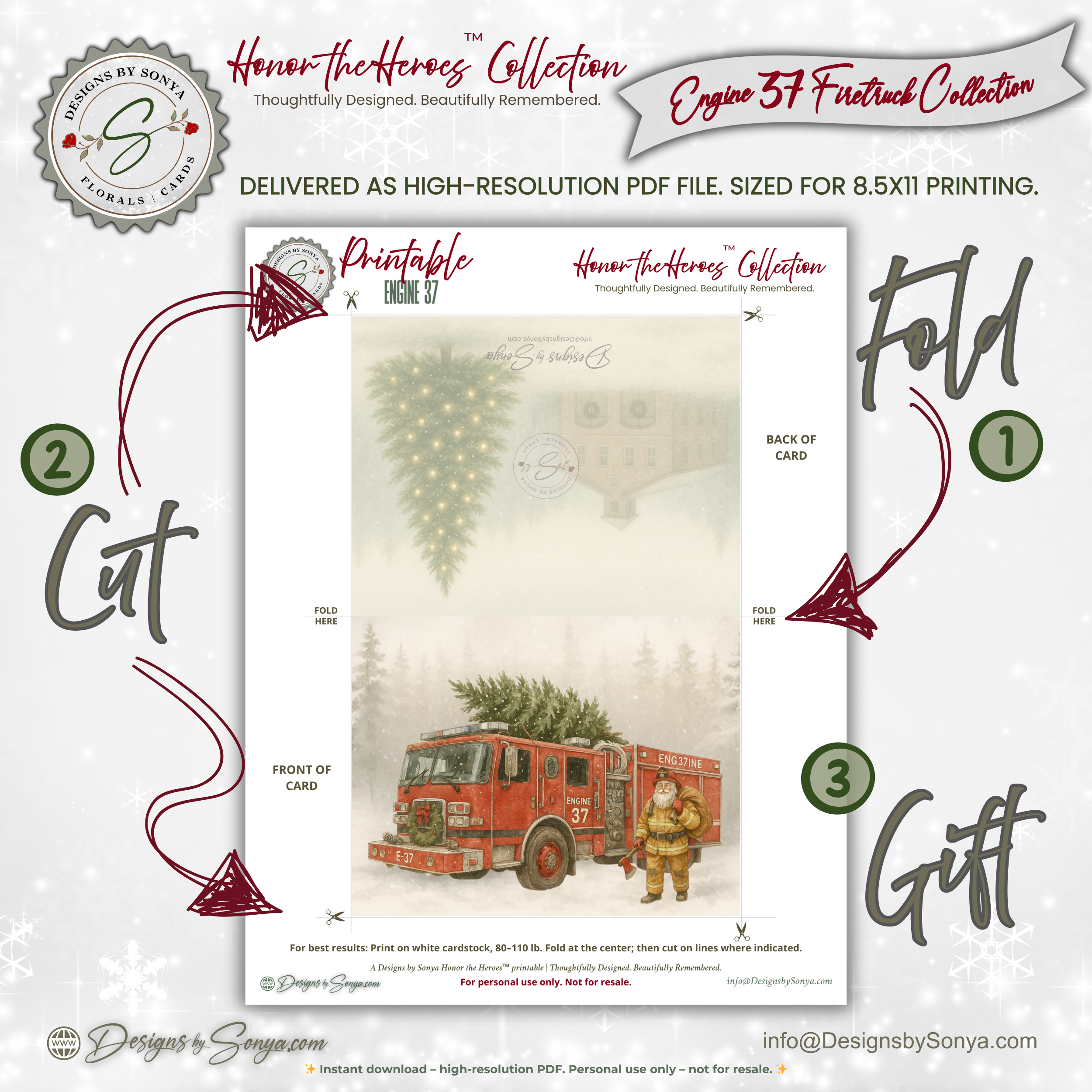 Engine 37 Firetruck Christmas Card · Santa Firefighter with Christmas Tree · Printable Holiday Card • A2 (5.5"x4.25") • Instant Download DIY