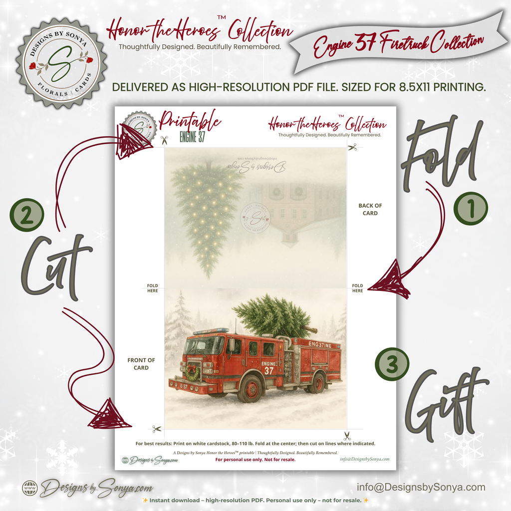 Printable Firetruck Christmas Card with Engine 37 Tree Delivery, Honor the Heroes Holiday Collection • Firefighter A2 (5.5"x4.25") Folded Greeting Card