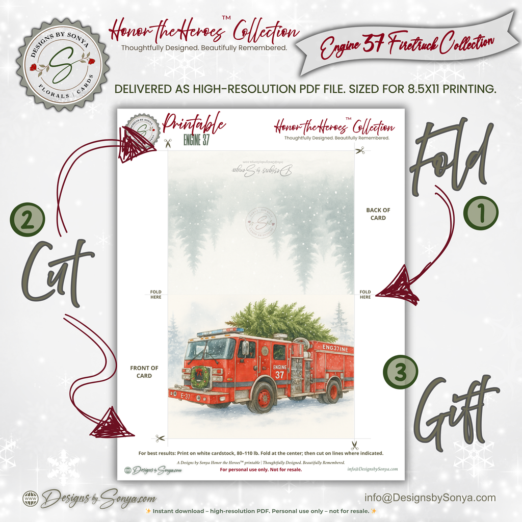 Engine 37 Firetruck Christmas Card Printable | Watercolor Holiday Tree Delivery | A2 (5.5"x4.25") Greeting Card | Firefighter Hero, First Responder Gift
