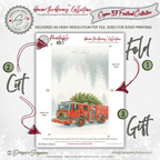 Engine 37 Firetruck Christmas Card Printable | Watercolor Holiday Tree Delivery | A2 (5.5"x4.25") Greeting Card | Firefighter Hero, First Responder Gift