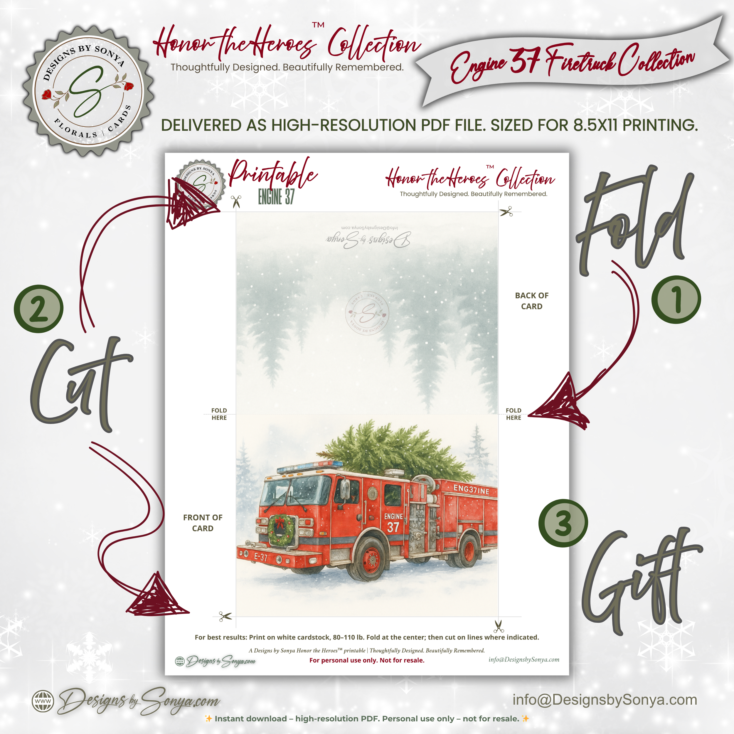 Engine 37 Firetruck Christmas Card Printable | Watercolor Holiday Tree Delivery | A2 (5.5"x4.25") Greeting Card | Firefighter Hero, First Responder Gift