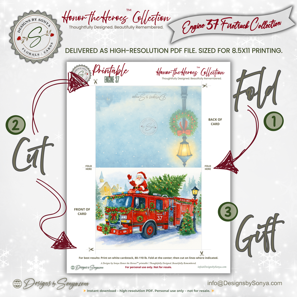 Engine 37 Printable Firetruck Christmas Card • Santa on Firetruck Holiday Greeting • Festive Wreath Scene • A2 (5.5"x4.25") • Instant Download DIY