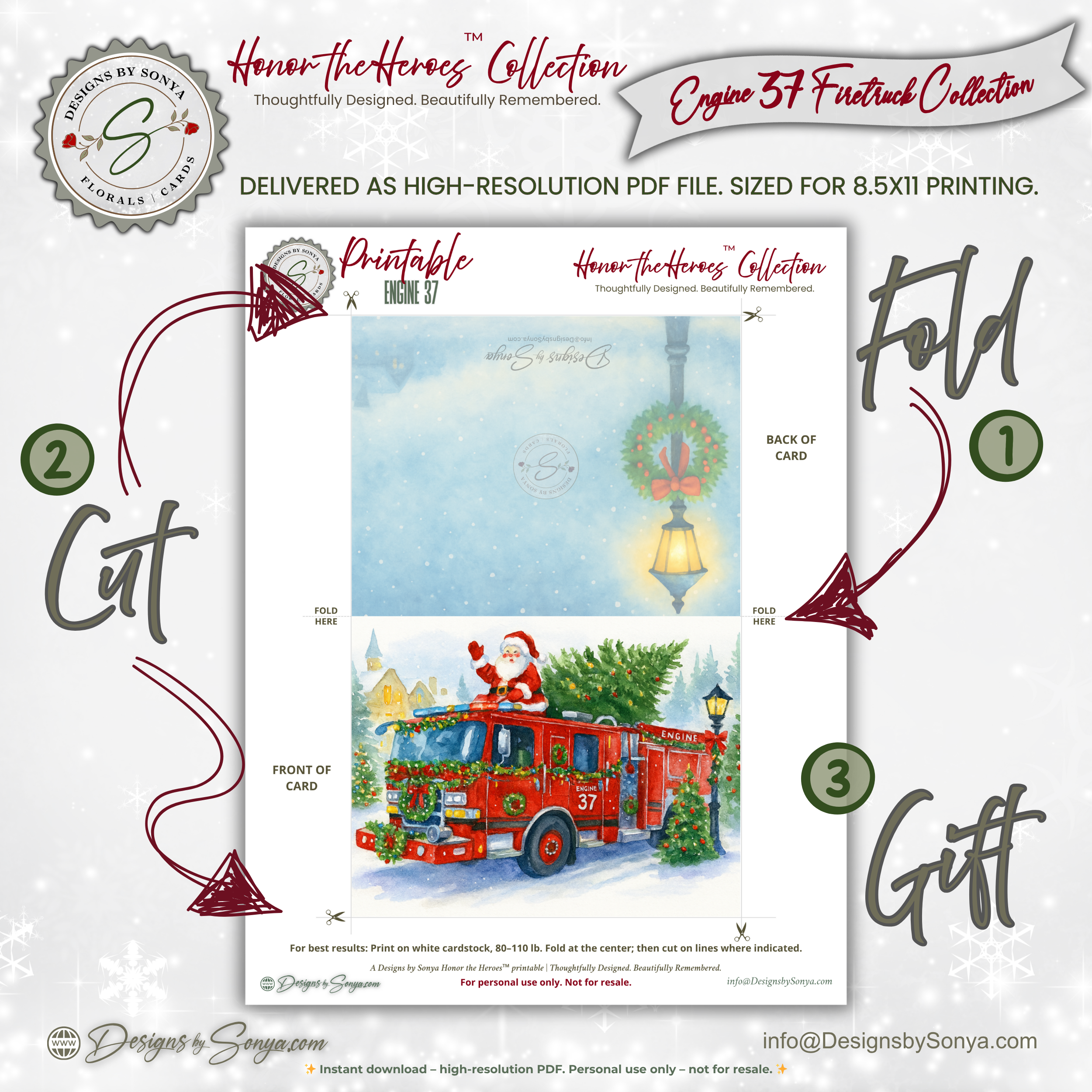 Engine 37 Printable Firetruck Christmas Card • Santa on Firetruck Holiday Greeting • Festive Wreath Scene • A2 (5.5"x4.25") • Instant Download DIY