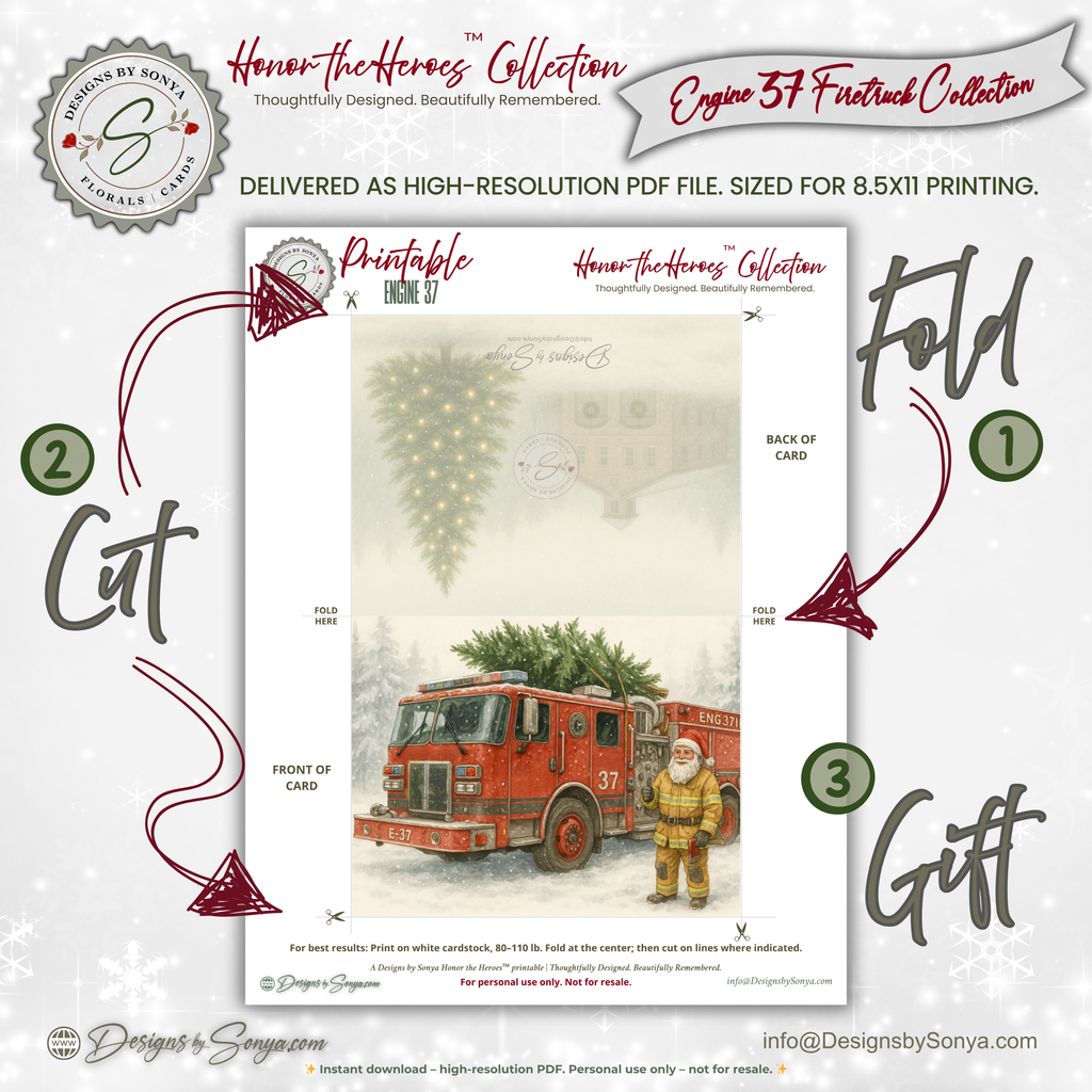Printable Firetruck Christmas Card • Engine 37 Watercolor Holiday Card • Firefighter A2 (5.5"x4.25") Folded Greeting Card