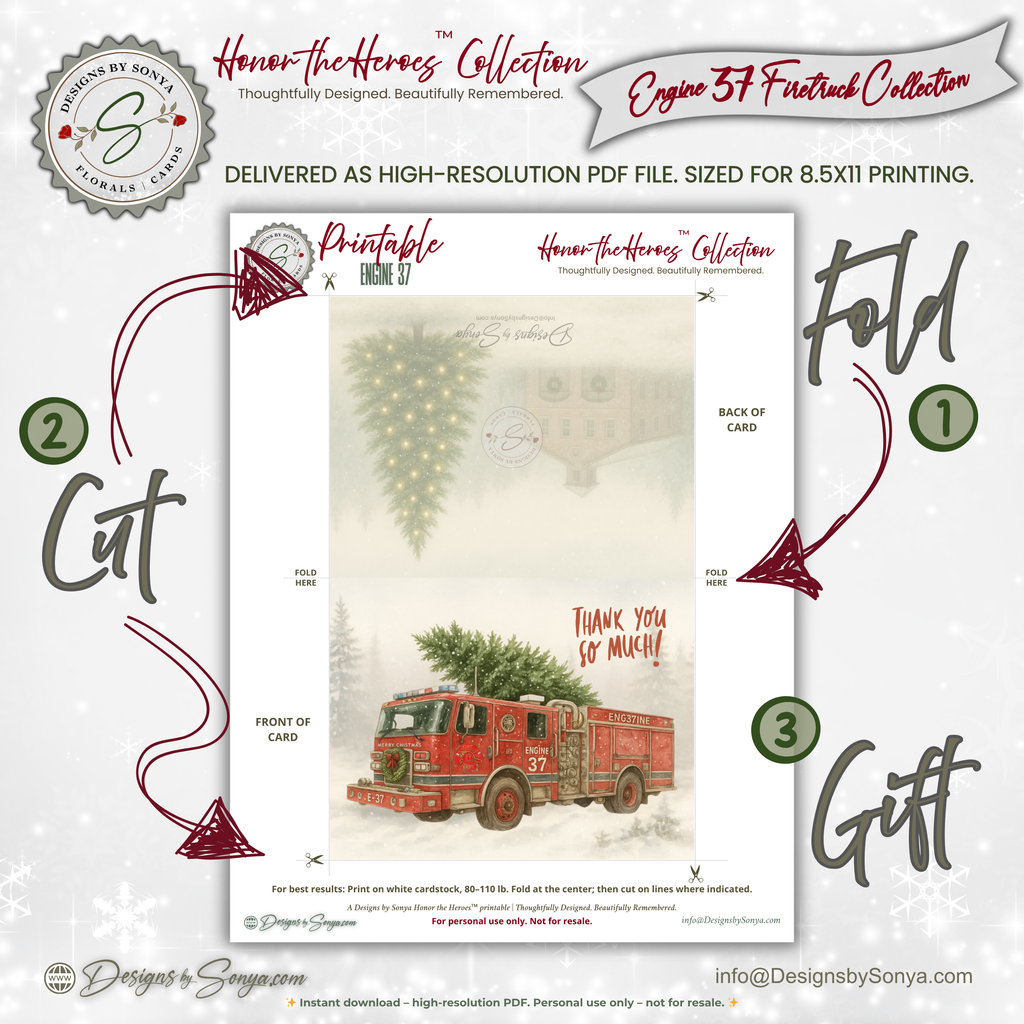 Engine 37 Printable Firetruck Christmas Card • Holiday Thank You Greeting • Festive Wreath Scene • First Responder Appreciation • A2 (5.5"x4.25") • Instant Download DIY