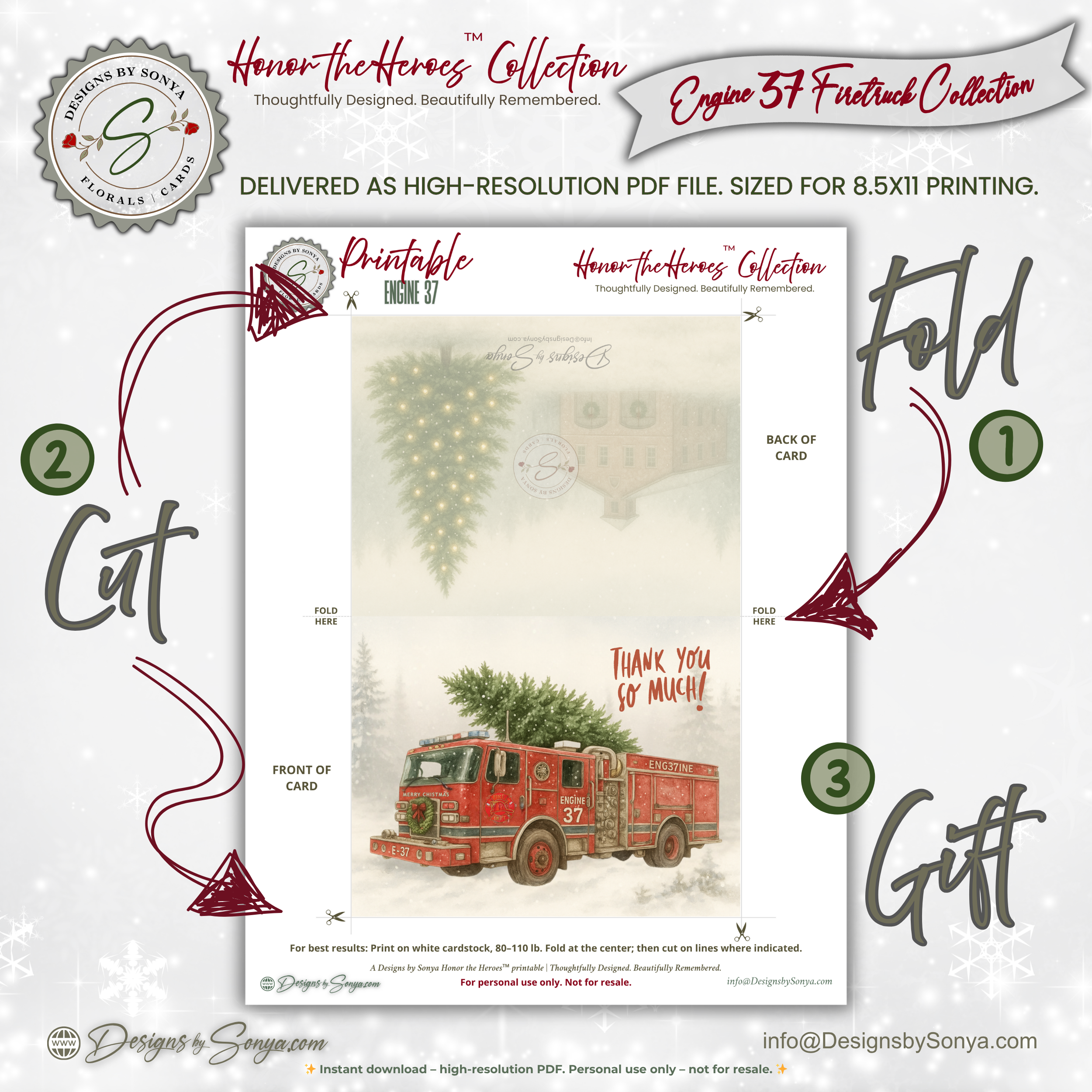 Engine 37 Printable Firetruck Christmas Card • Holiday Thank You Greeting • Festive Wreath Scene • First Responder Appreciation • A2 (5.5"x4.25") • Instant Download DIY