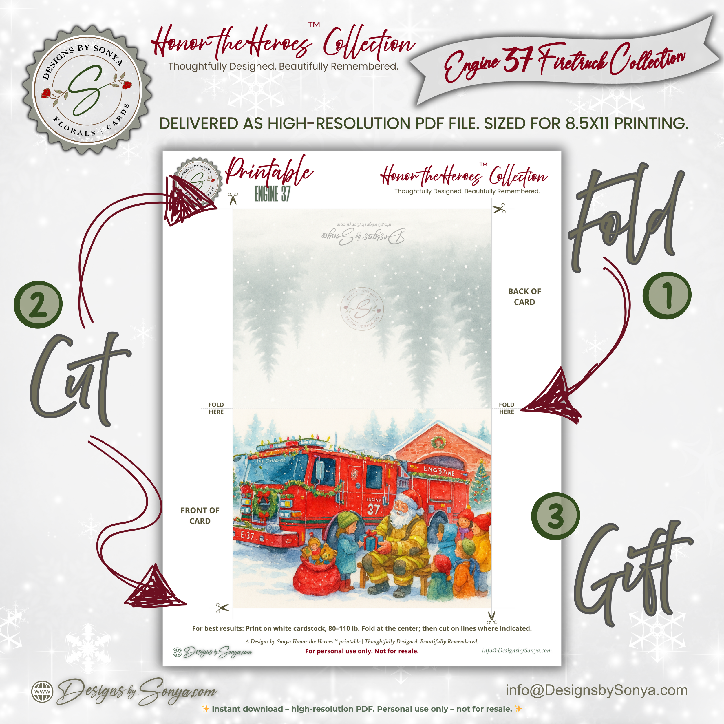 Engine 37 Printable Firetruck Christmas Card • Festive Firehouse Holiday Greeting • First Responder Santa Scene • Instant Download DIY