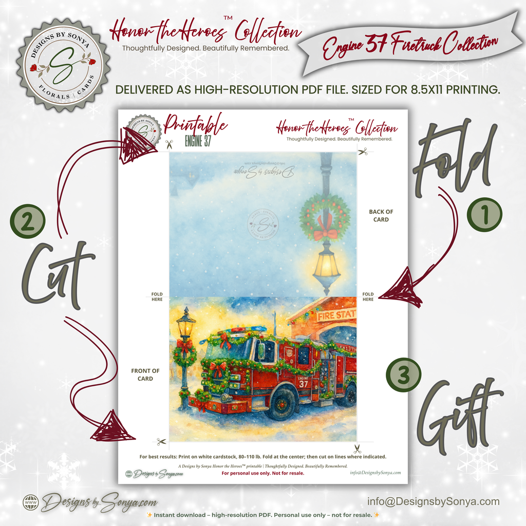 Engine 37 Printable Firetruck Christmas Card • Festive Firehouse Holiday Greeting • A2 (5.5"x4.25") • Garland-Wrapped Truck Scene • Instant Download DIY