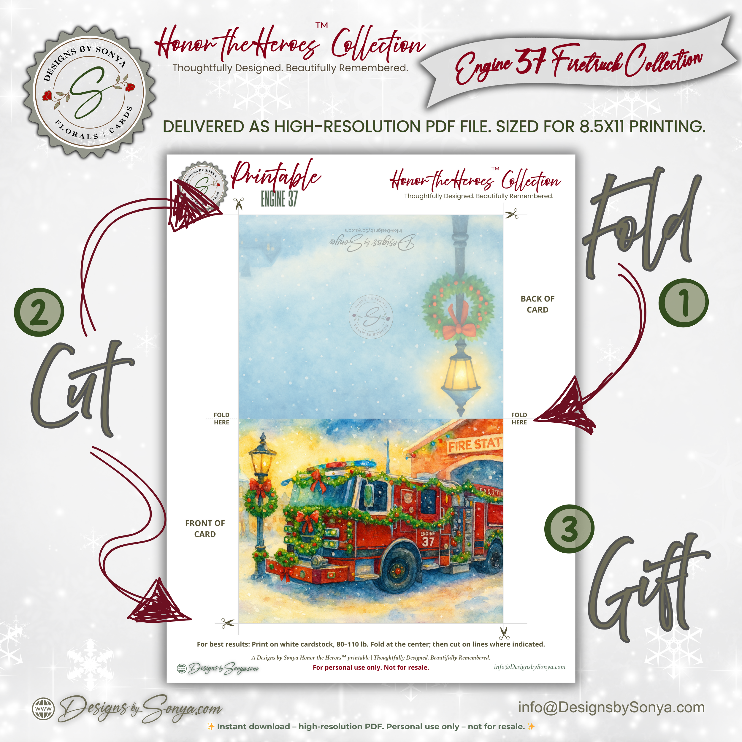 Engine 37 Printable Firetruck Christmas Card • Festive Firehouse Holiday Greeting • A2 (5.5"x4.25") • Garland-Wrapped Truck Scene • Instant Download DIY
